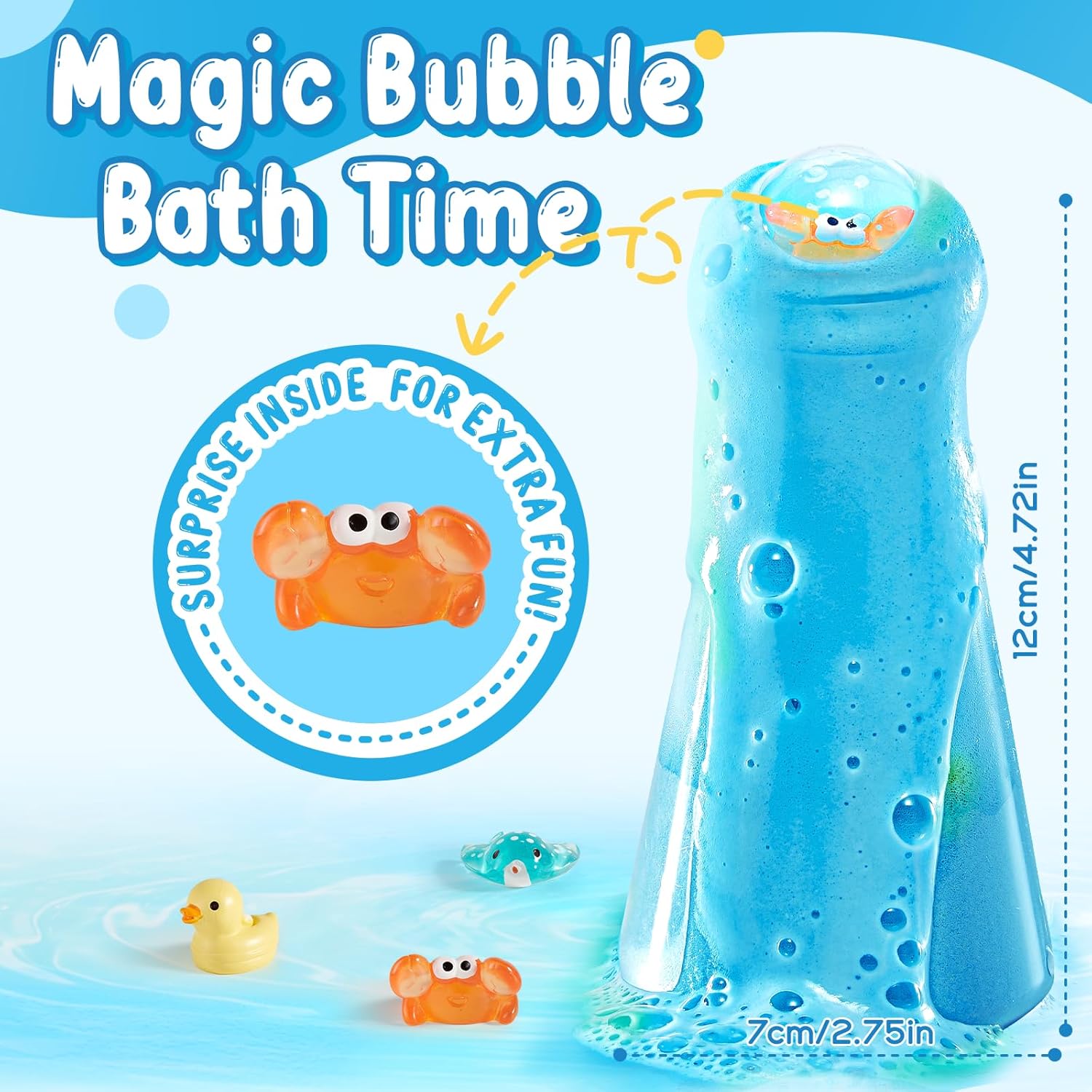 Highlights the fun surprise element of a toy hidden inside the bubble bath product to make bath time more exciting for children.