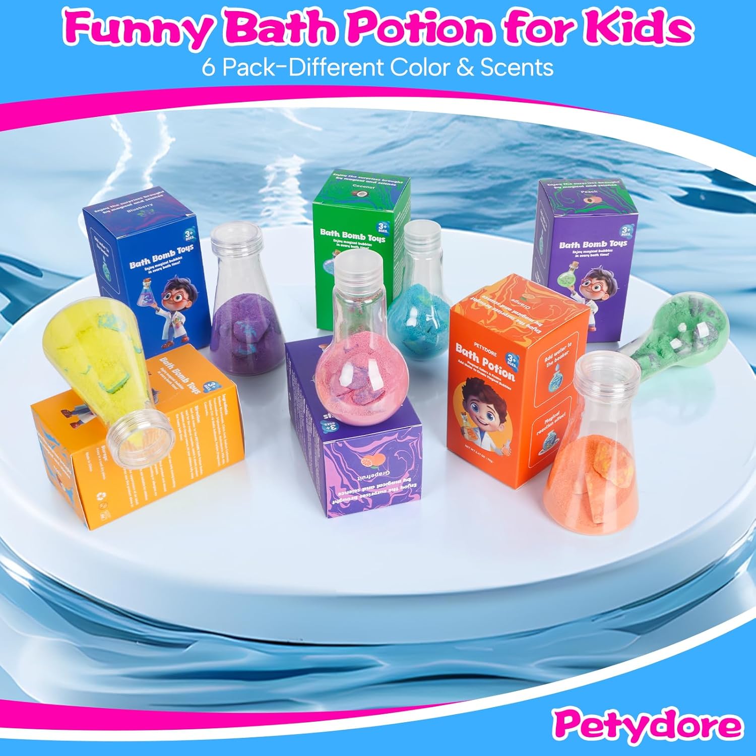 Shows the complete set of bath potions included in the package, highlighting the variety of colors and scents available. Demonstrates how the product can be used to make bath time more enjoyable and…