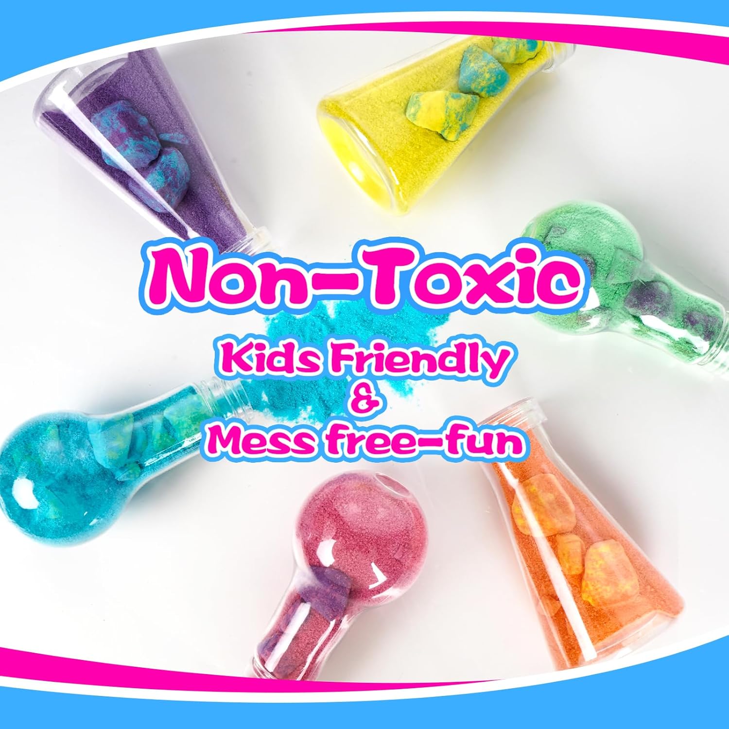 Reassures parents that the product is safe for children to use and play with. Highlights that the product provides entertainment for kids without creating a mess.