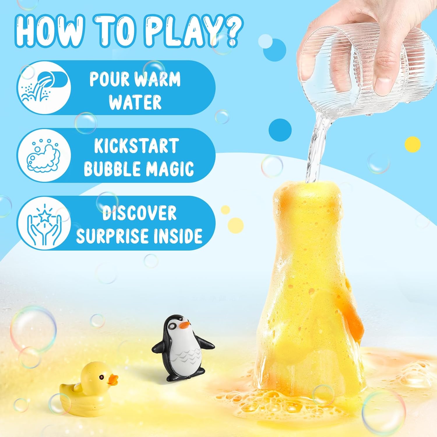 Explains the simple steps to use the bubble bath toy, making it easy for parents to understand how the product works.
