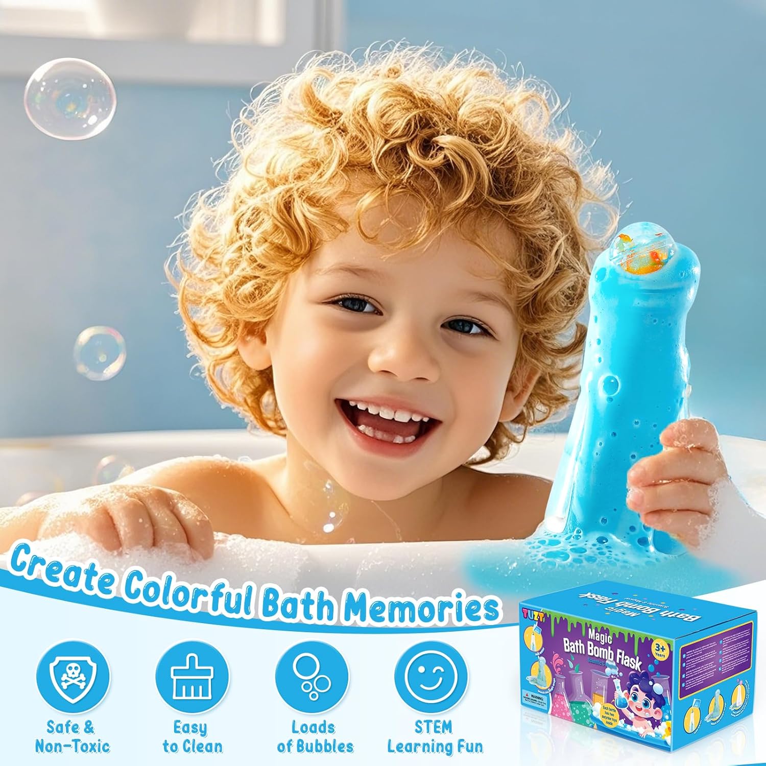 Highlights multiple benefits of the bath toy product to appeal to parents, emphasizing safety, ease of use, fun factor, and learning potential.