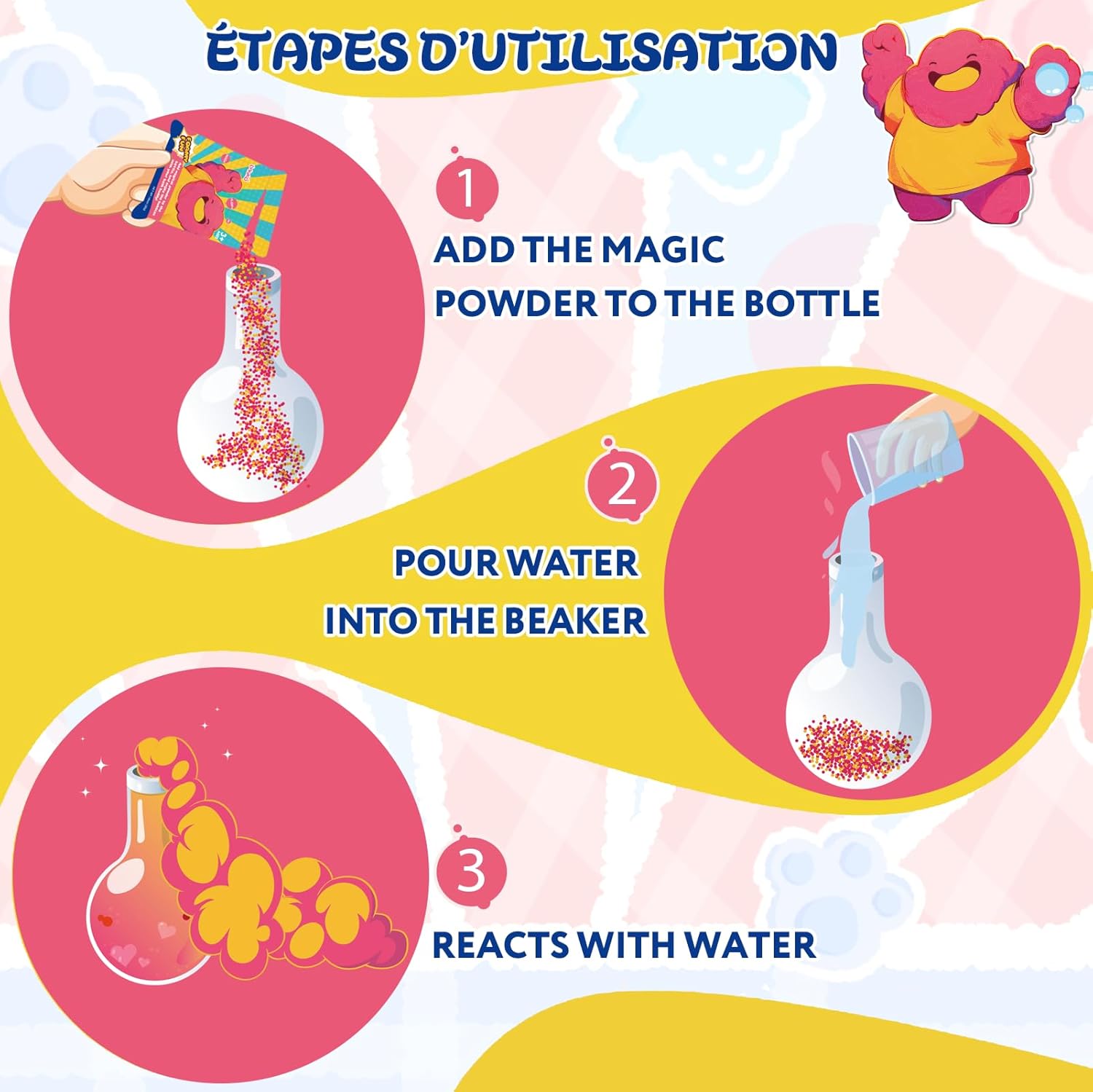 Explains the process of using the product in three simple steps, making it easy for children to understand and follow.
