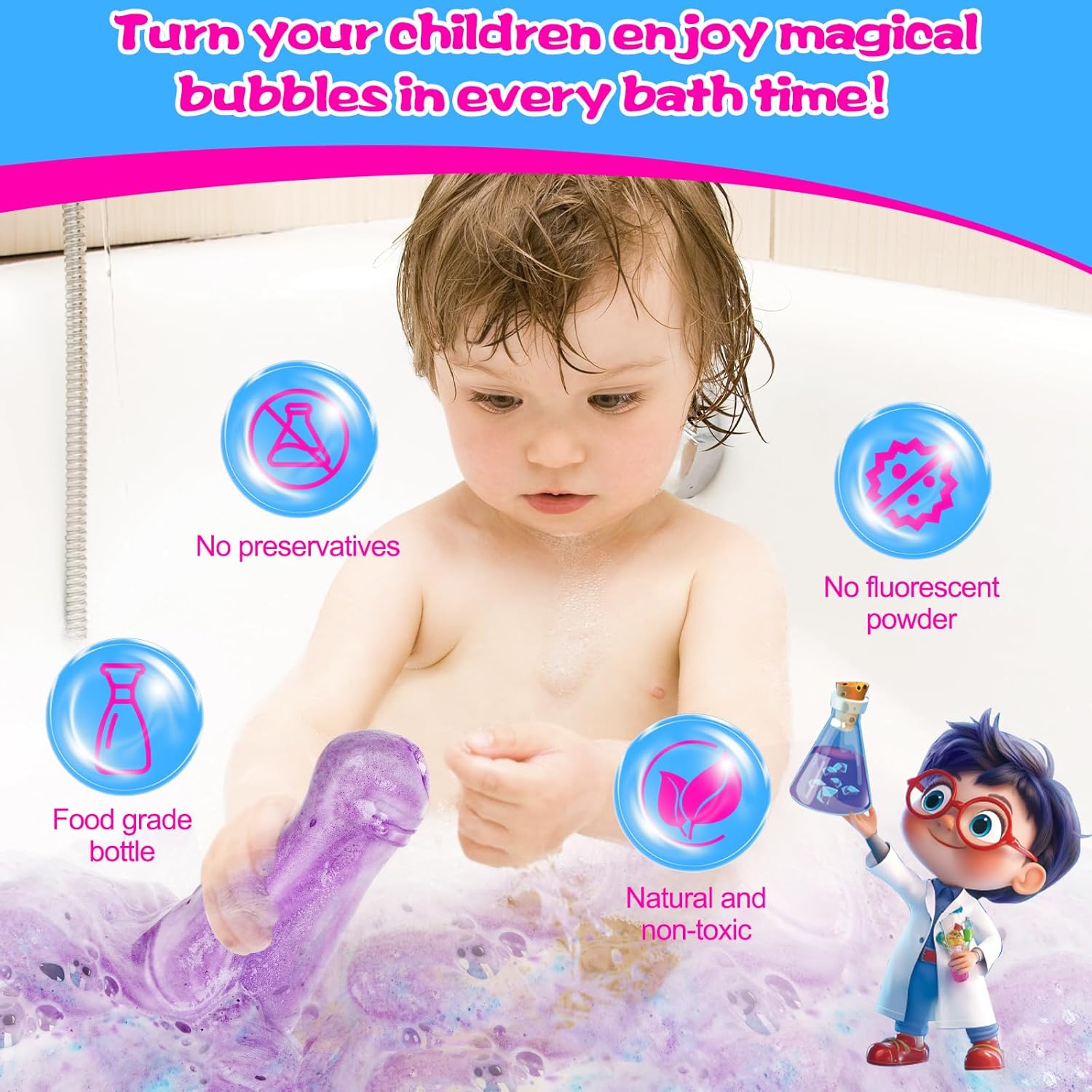 Highlights multiple safety features of the bubble bath product to reassure parents about its suitability for children. Emphasizes the product's safety for children by showcasing its natural,…