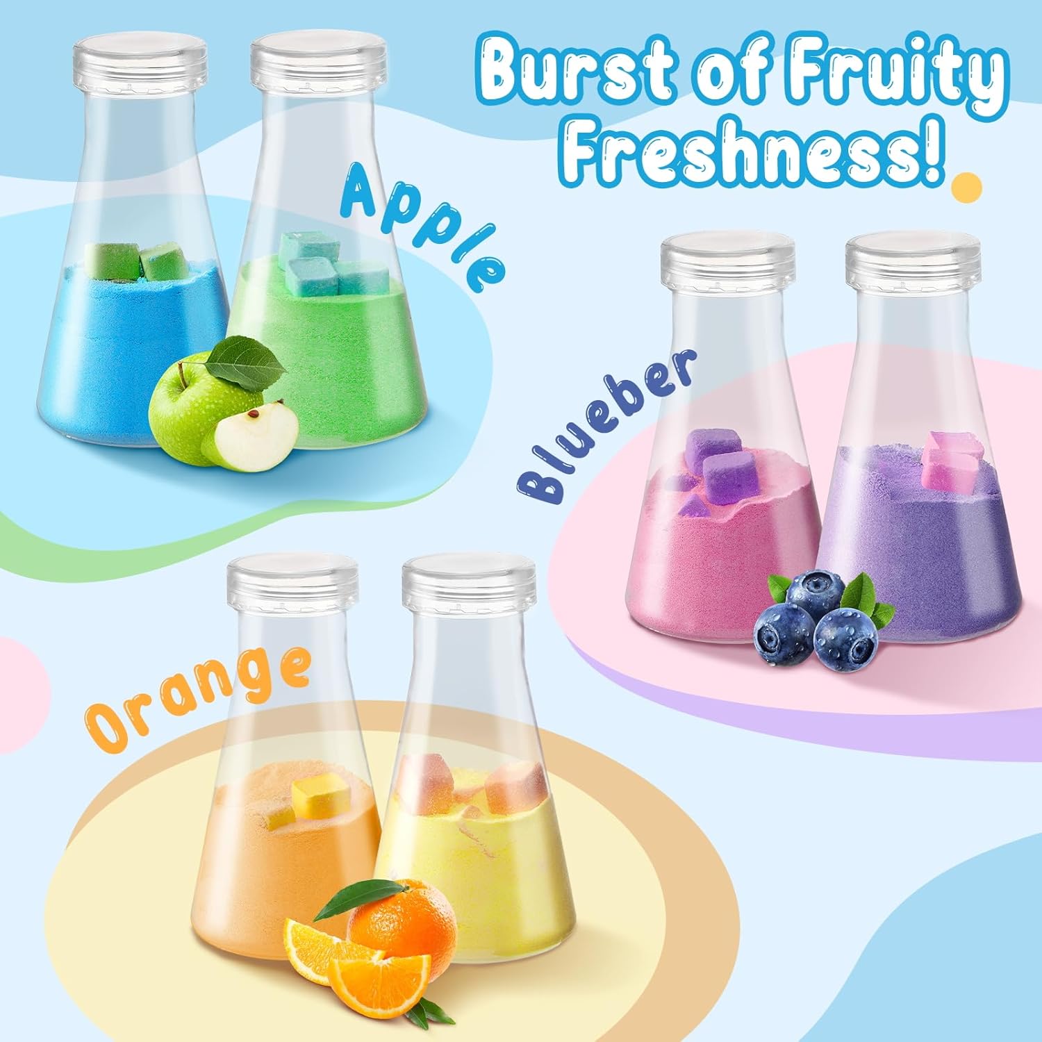 Showcases the different fruit flavors available in the product line, emphasizing the variety and freshness of the offerings.