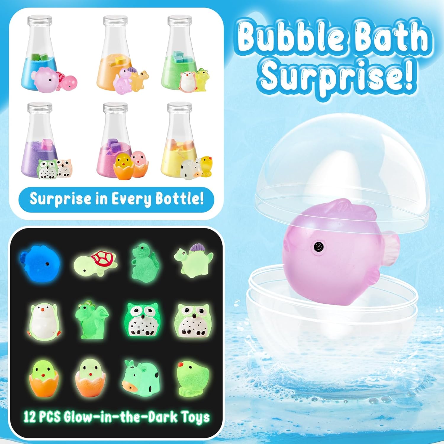 Shows the variety of surprise toys included in each bottle, highlighting the glow-in-the-dark feature to excite children about bath time. Demonstrates how the product makes bath time more enjoyable…