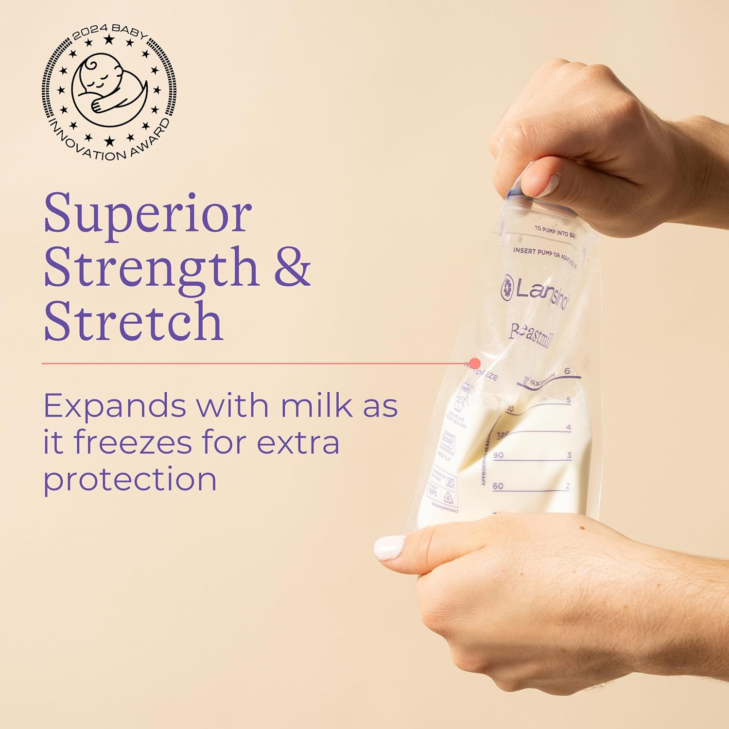 Highlights the unique feature of the milk storage bag expanding as it freezes, providing extra protection for stored breast milk.