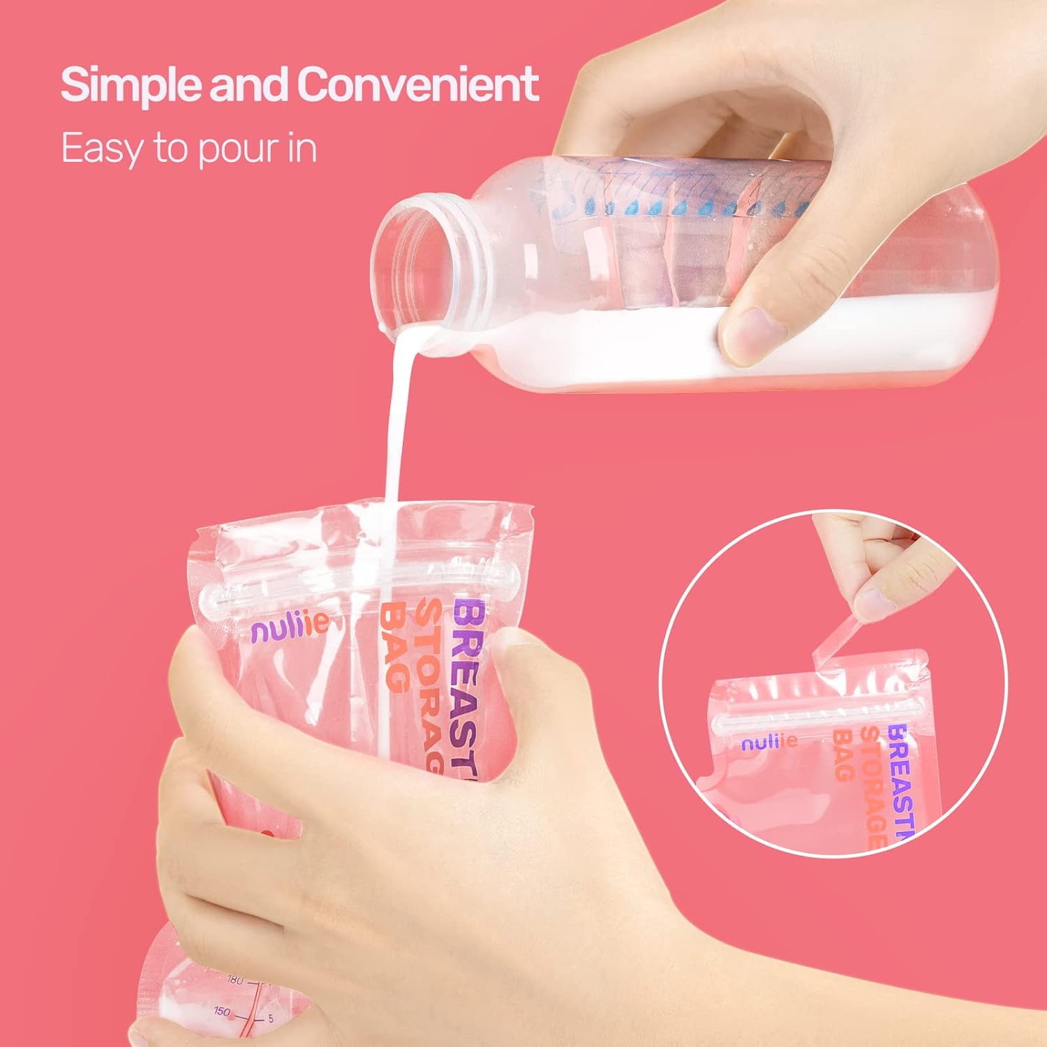 Demonstrates the simplicity and convenience of pouring breast milk into storage bags, reassuring mothers of the product's user-friendly design.