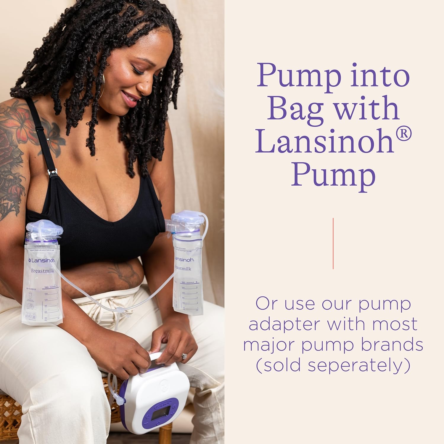 Demonstrates how to use the Lansinoh breast pump to express milk directly into storage bags, highlighting the convenience and efficiency of the product.