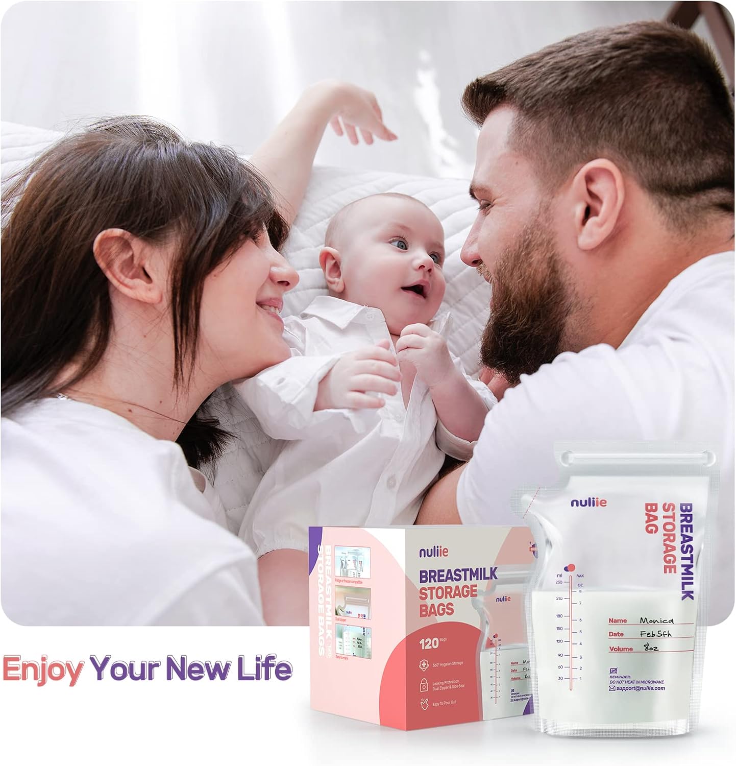 Shows the product being used in a real-life family setting, emphasizing the joy and connection of new parenthood. Displays the product packaging and storage bags to show what's included in the…