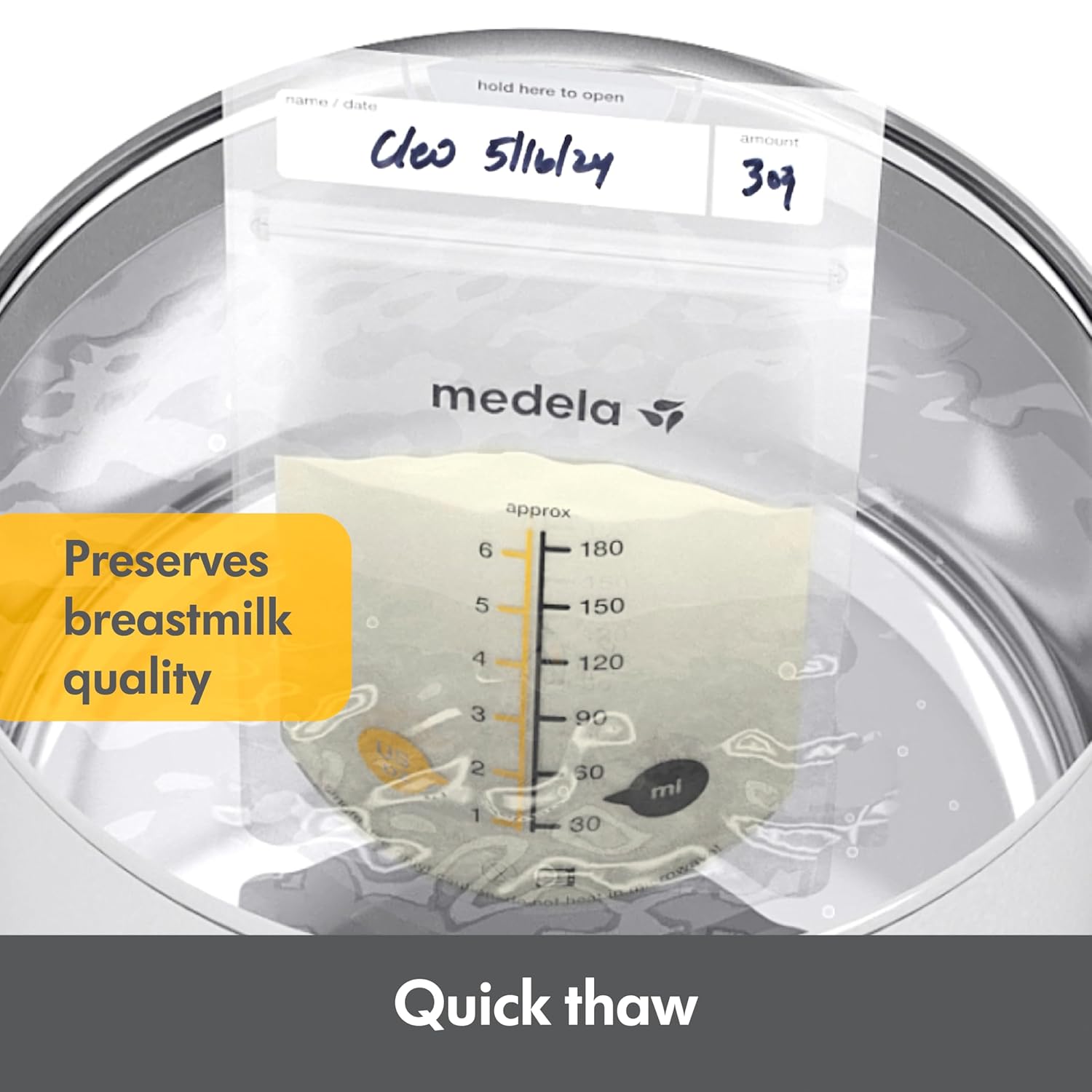 Highlights the product's ability to quickly thaw frozen breastmilk while preserving its quality.