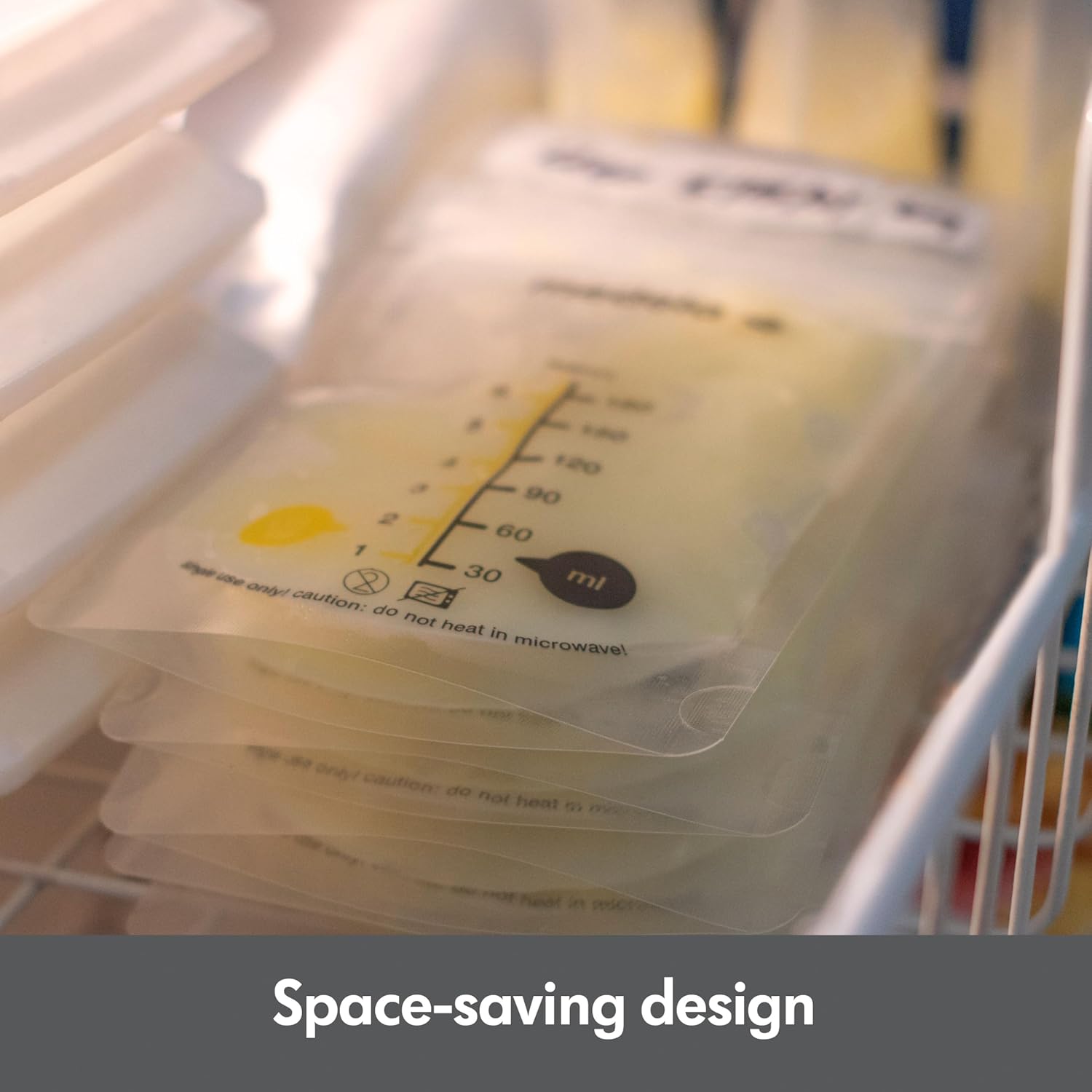 Highlights the product's compact and stackable nature, showing how it saves space in the refrigerator.
