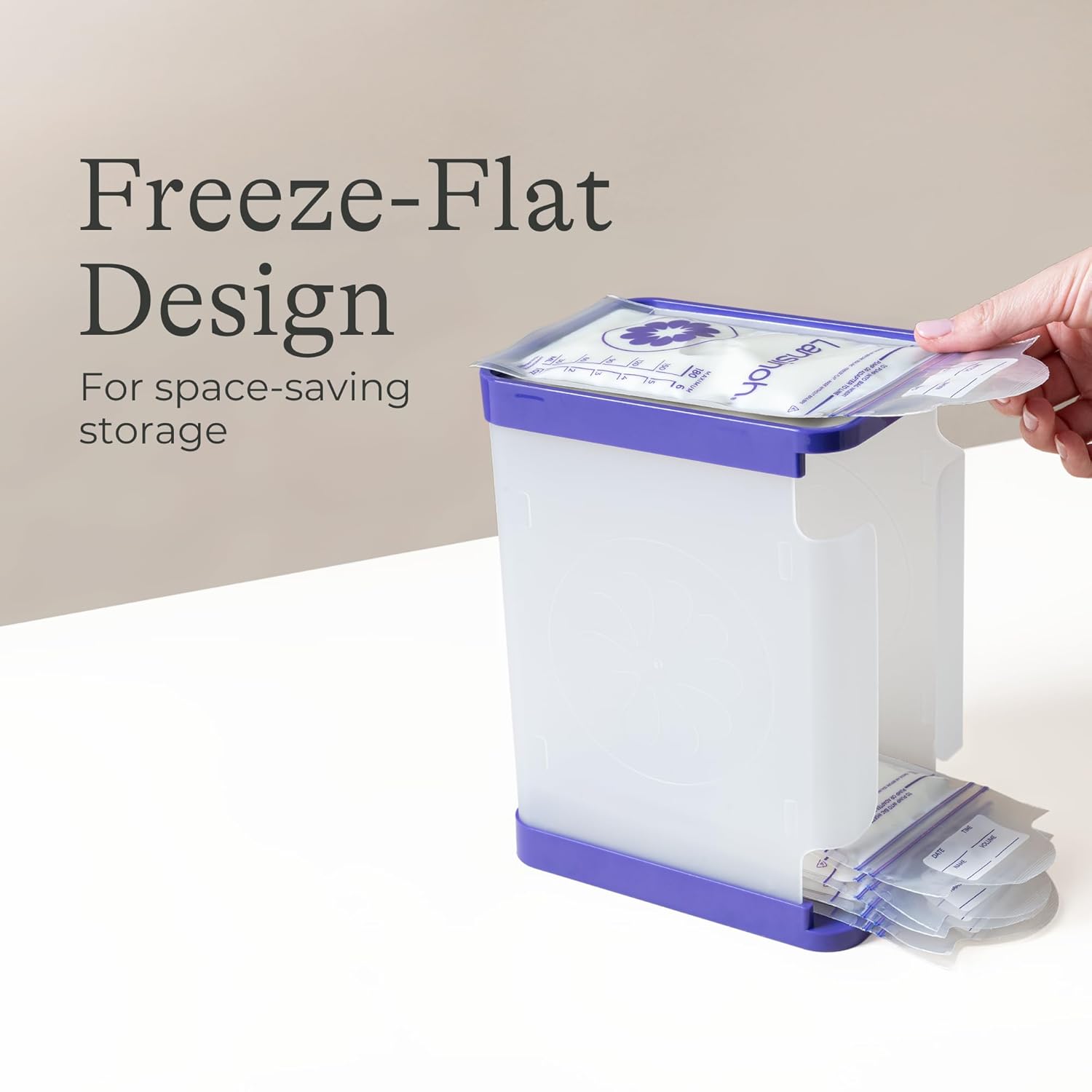 Highlights the space-saving storage feature of the product, emphasizing its flat design for efficient freezer organization.