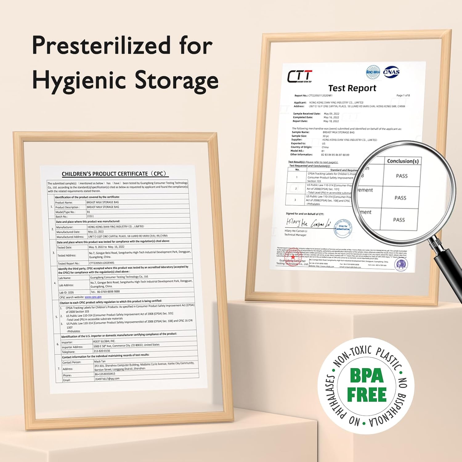 Reassures customers about the product's safety and hygienic properties, highlighting its presterilized nature and compliance with safety standards.