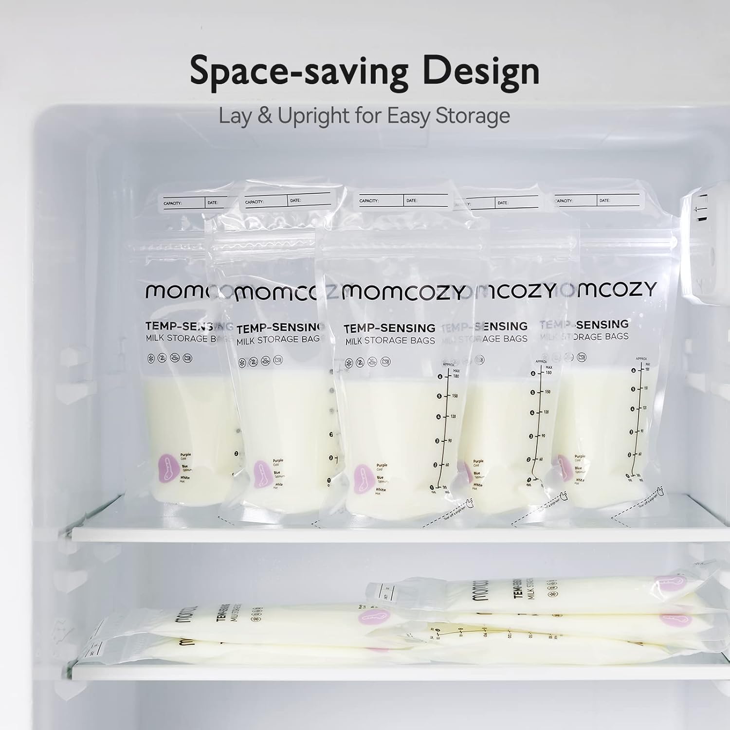 Demonstrates how the milk storage bags can be stored both upright and flat to save space in the refrigerator or freezer.