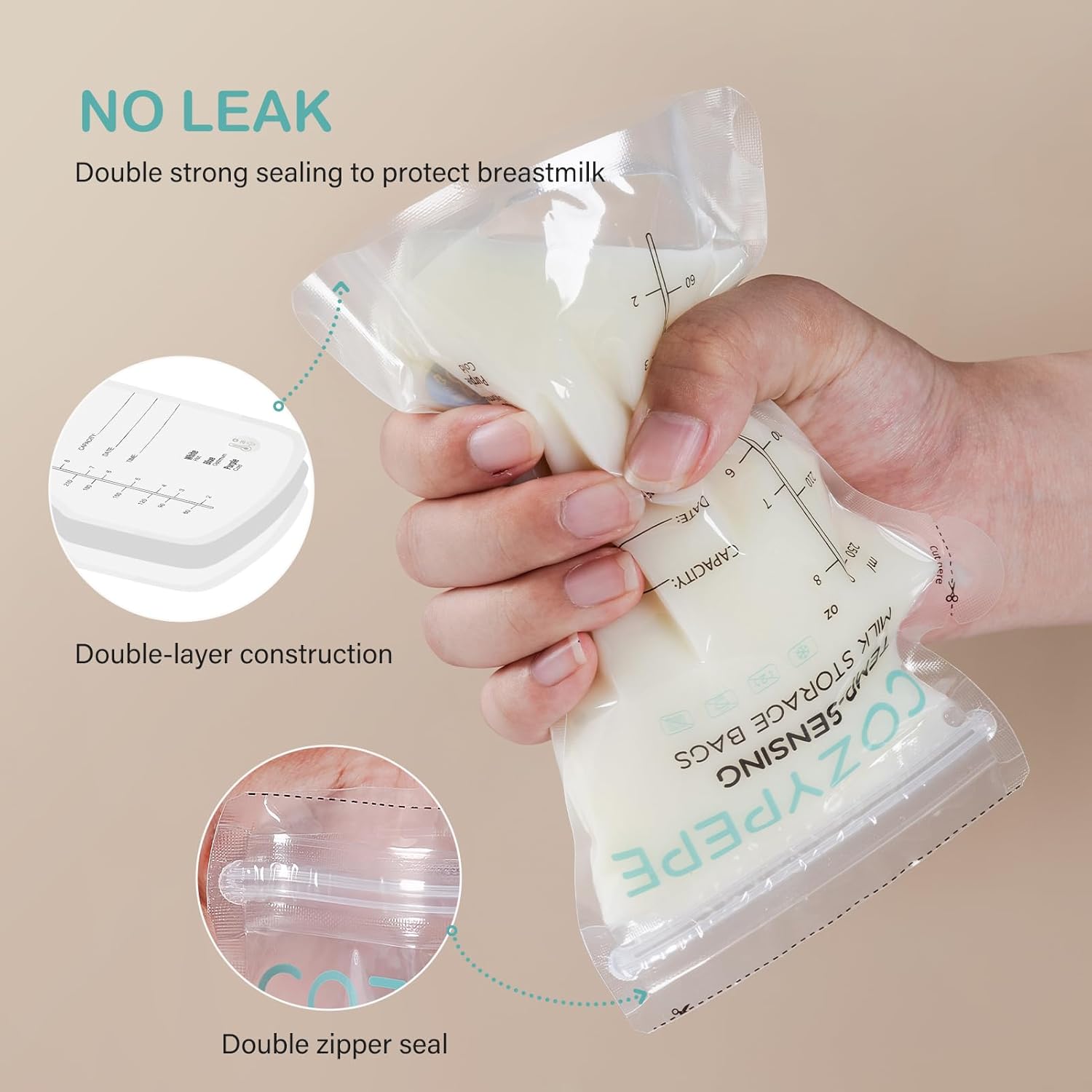 Highlights the product's no-leak feature to reassure mothers that their breastmilk will be safely stored without spills.