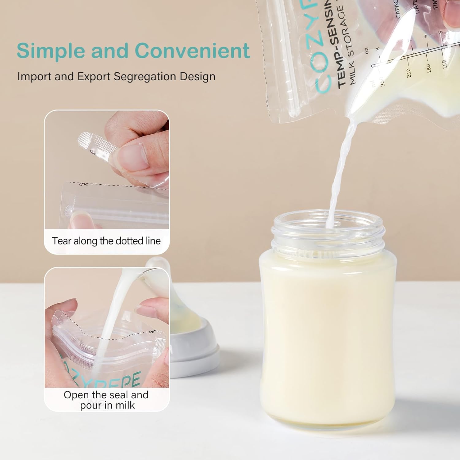 Demonstrates the simple steps to open and use the milk storage bag, emphasizing convenience for parents.
