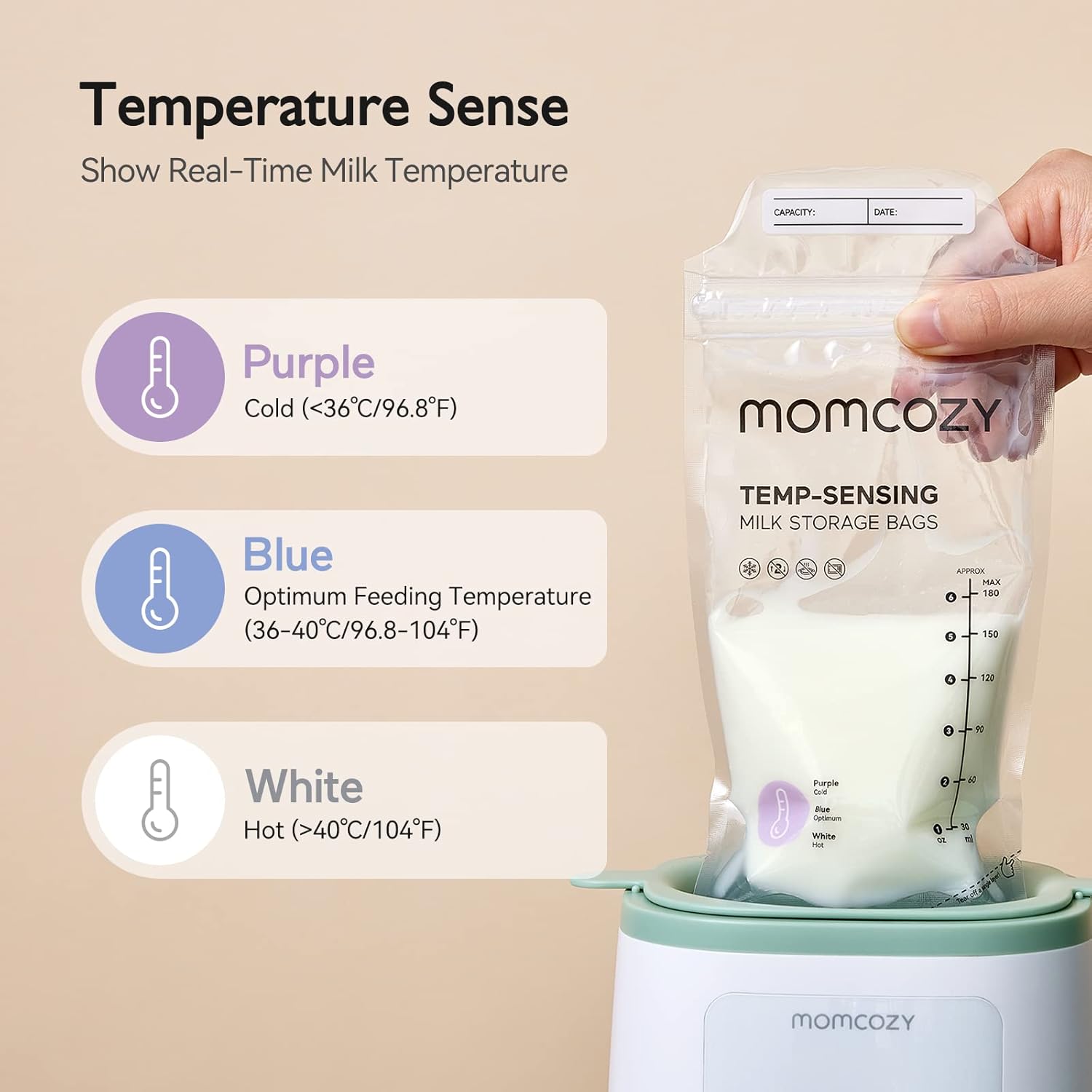 Highlights the temperature sensing feature of the milk storage bags, showing how it indicates different temperature ranges for safe milk storage and feeding.