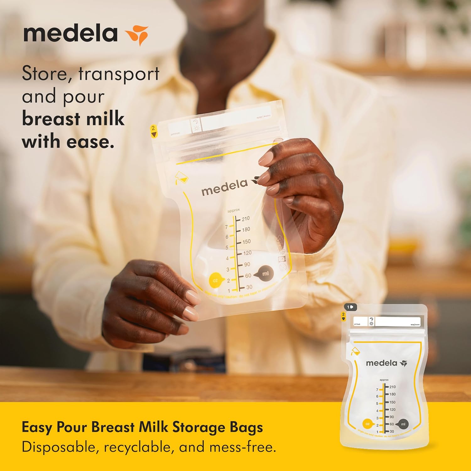Highlights the product's easy-to-use design for storing, transporting, and pouring breast milk, emphasizing convenience for new mothers.