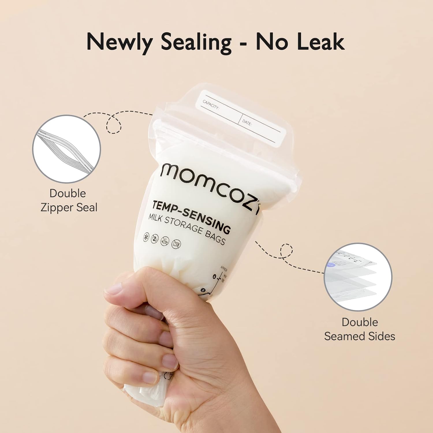 Highlights the product's leak-proof sealing feature to reassure customers about the bag's effectiveness in storing milk without spills.