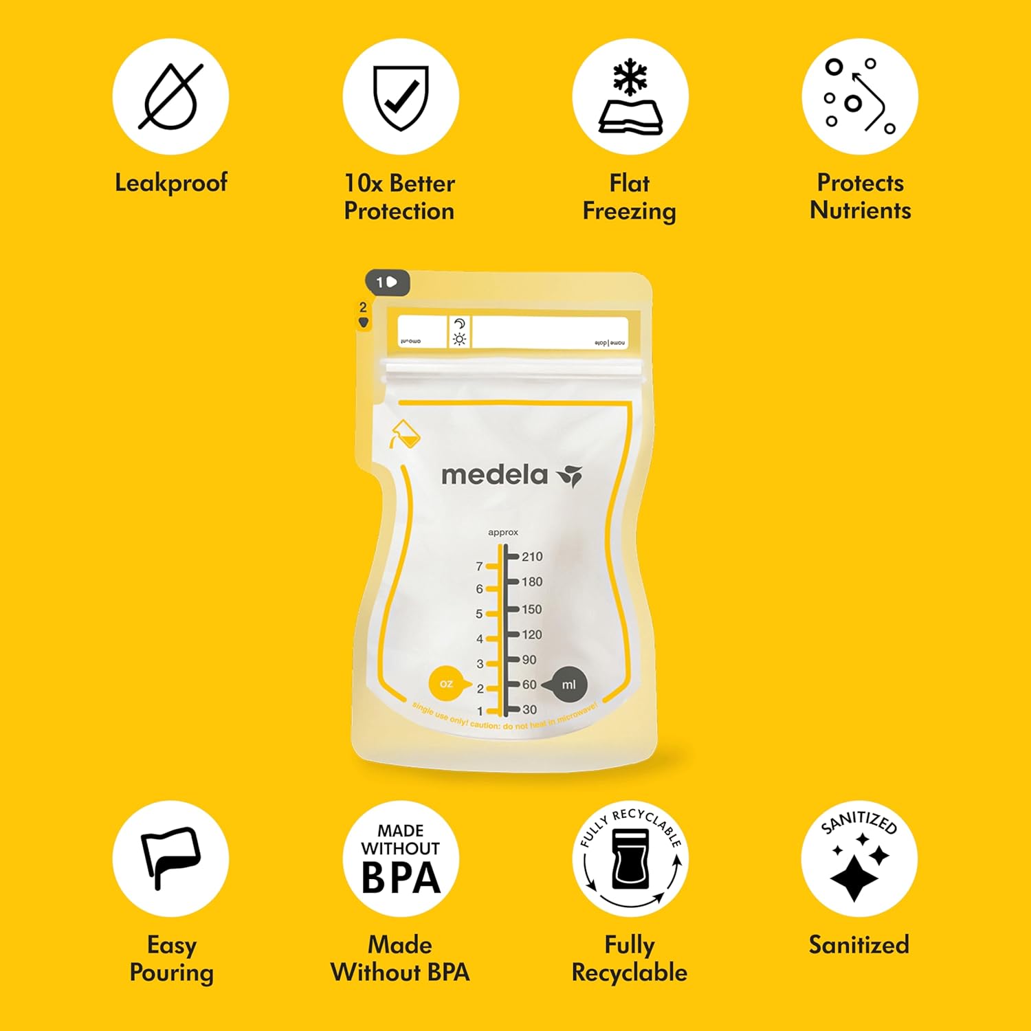 Highlights multiple key features and benefits of the Medela breast milk storage bag to reassure mothers about its safety, convenience, and effectiveness for storing breast milk.