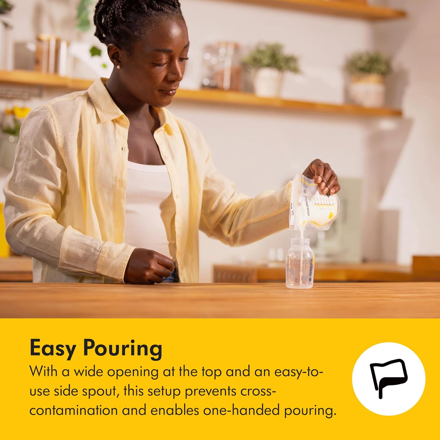 Demonstrates the product's easy pouring feature, highlighting convenience and preventing cross-contamination.