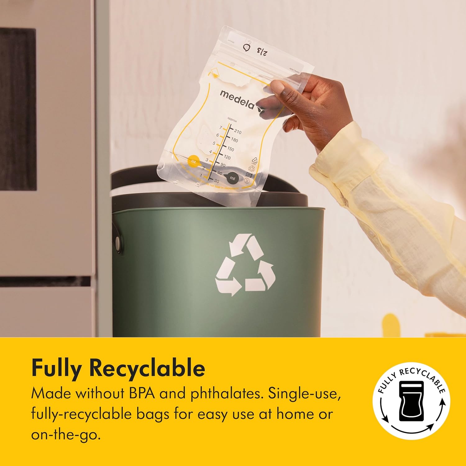 Highlights that the product is fully recyclable and made without harmful chemicals, reassuring environmentally-conscious parents about its safety and eco-friendliness.