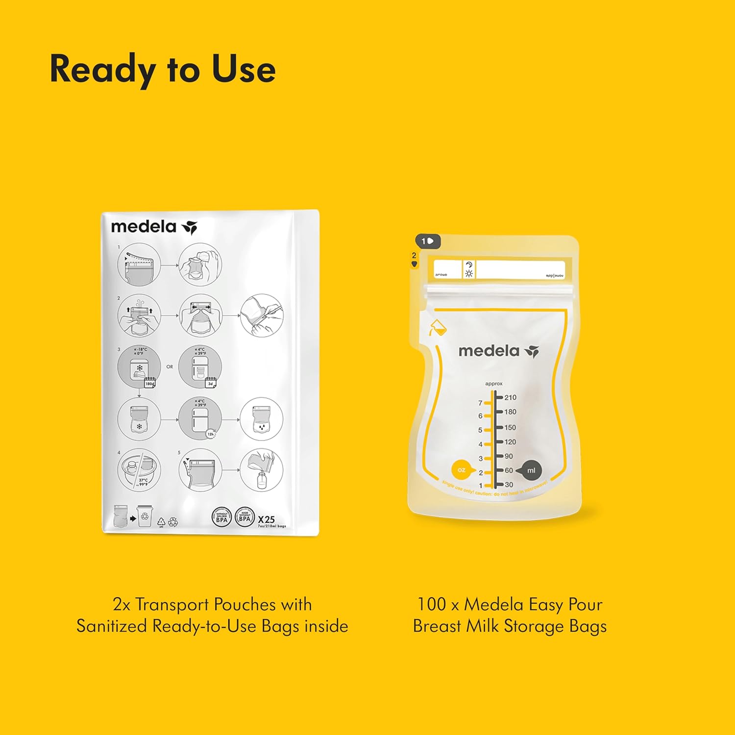 Medela Easy Pour Breastmilk Storage Bags 100 Count 7oz/210ml Disposable: Infographics