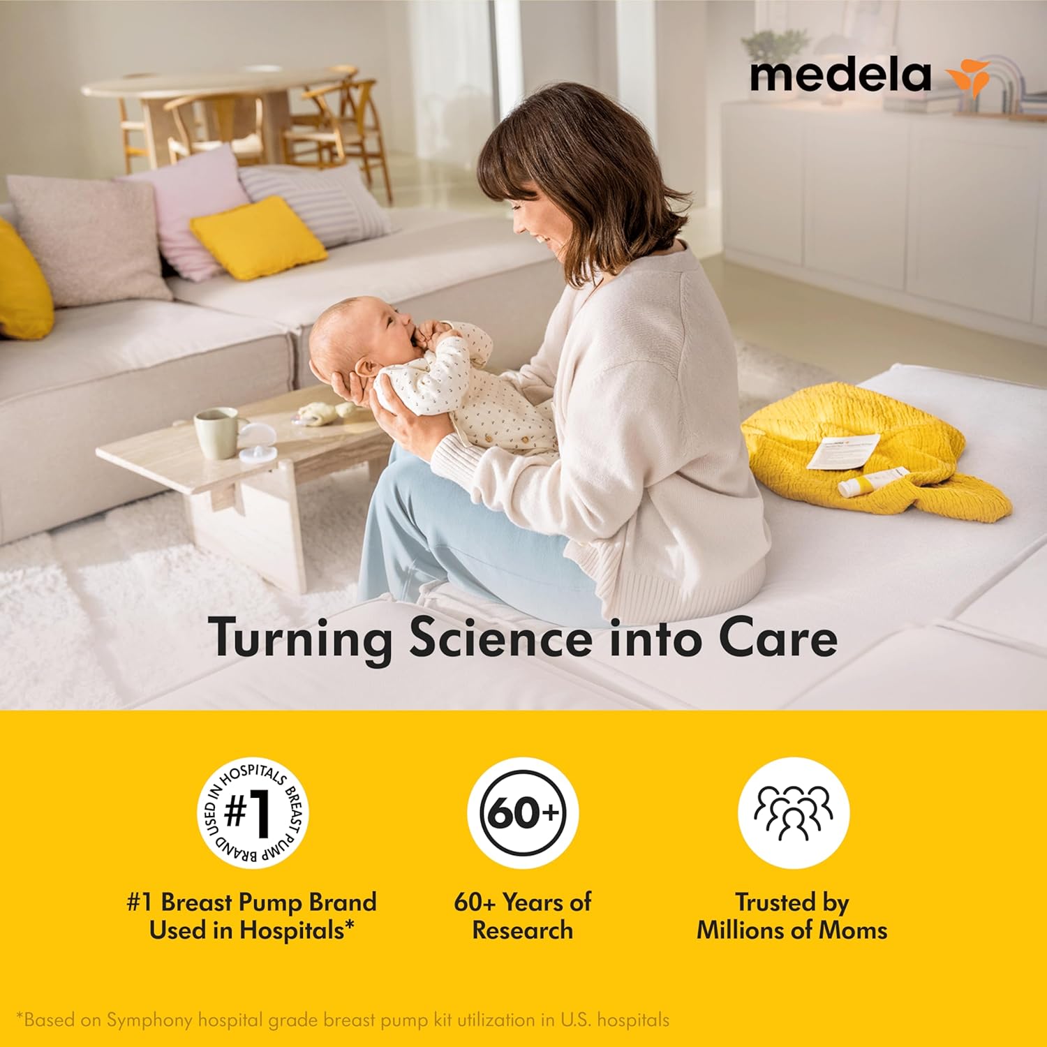 Highlights Medela's credibility and expertise in breast pumps by showcasing multiple key benefits: hospital preference, research experience, and consumer trust.