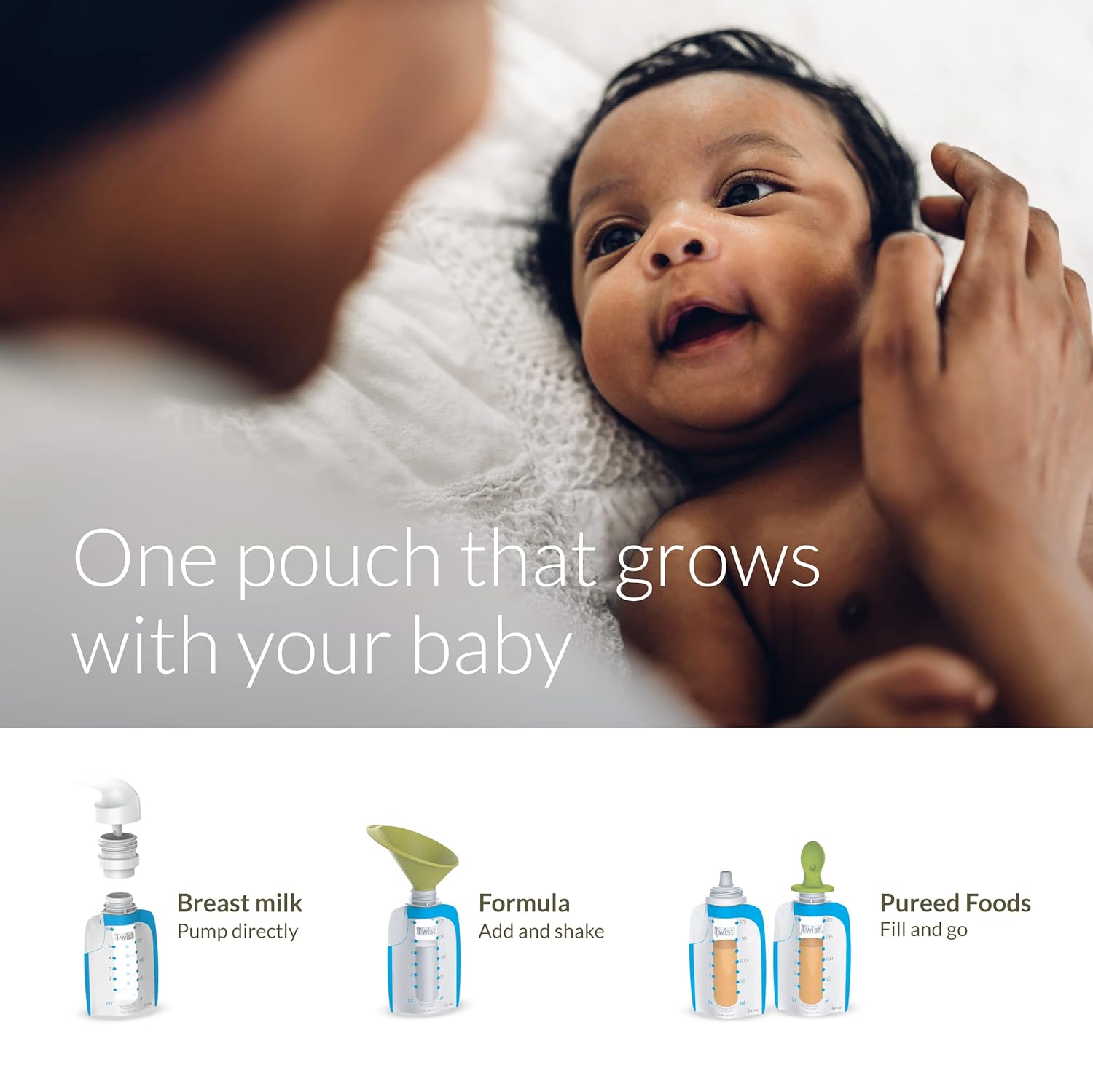 Demonstrates how the product adapts to different feeding needs as the baby grows, from breast milk to formula to pureed foods.