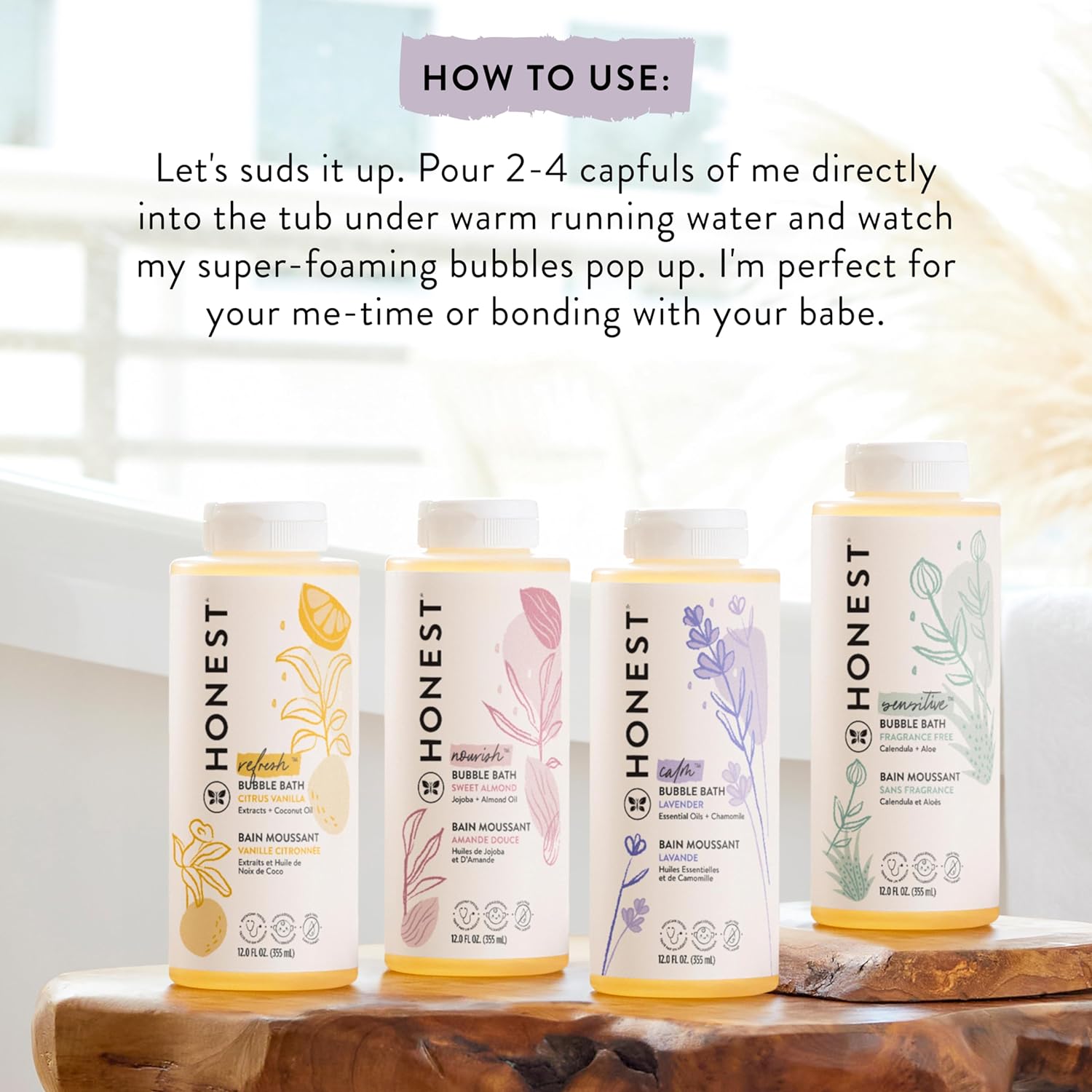 Explains how to use the bubble bath product, providing clear instructions on the amount to use and how to create bubbles.