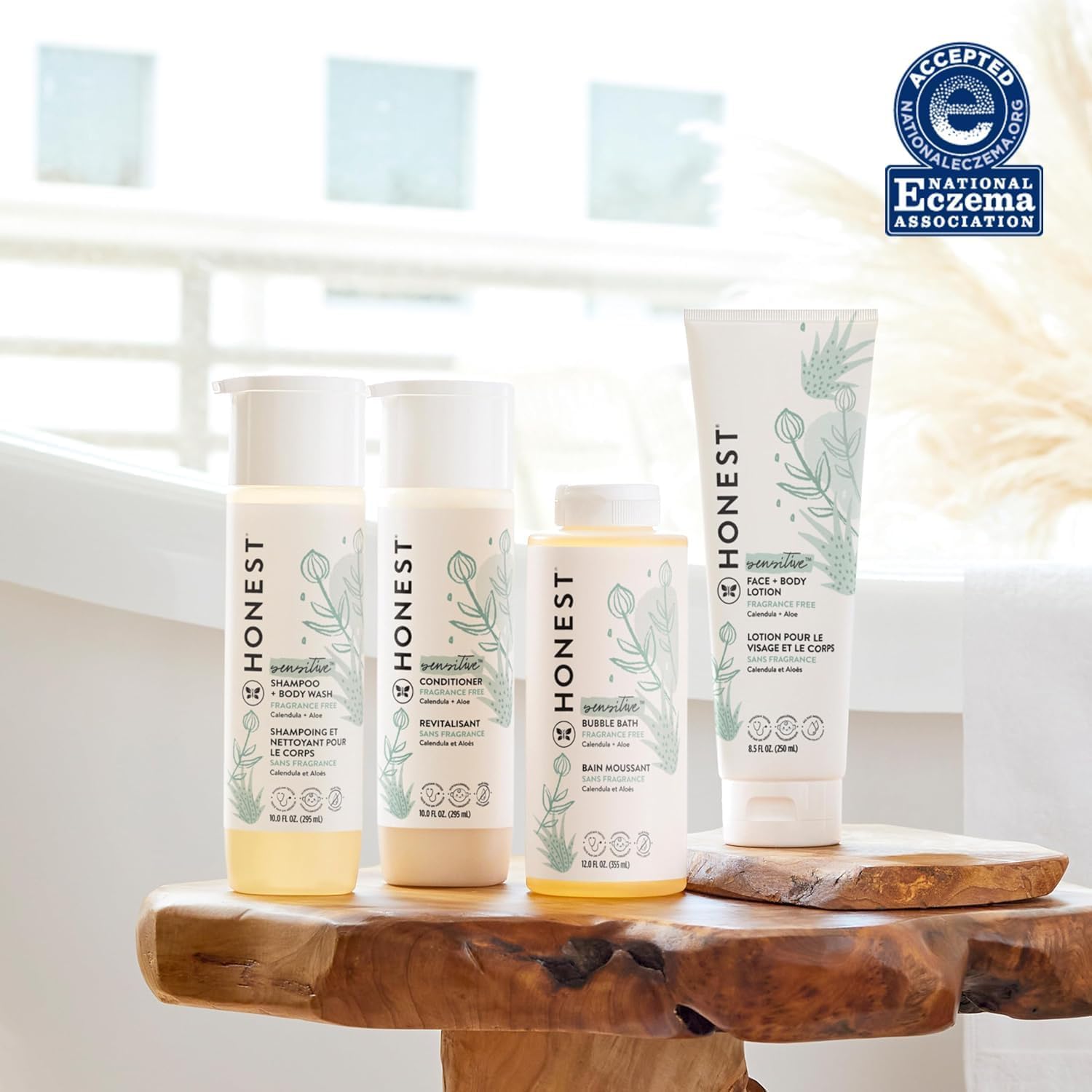Highlights that the product line is safe and suitable for sensitive skin, particularly those with eczema. Shows the full range of products included in the sensitive skin care line.