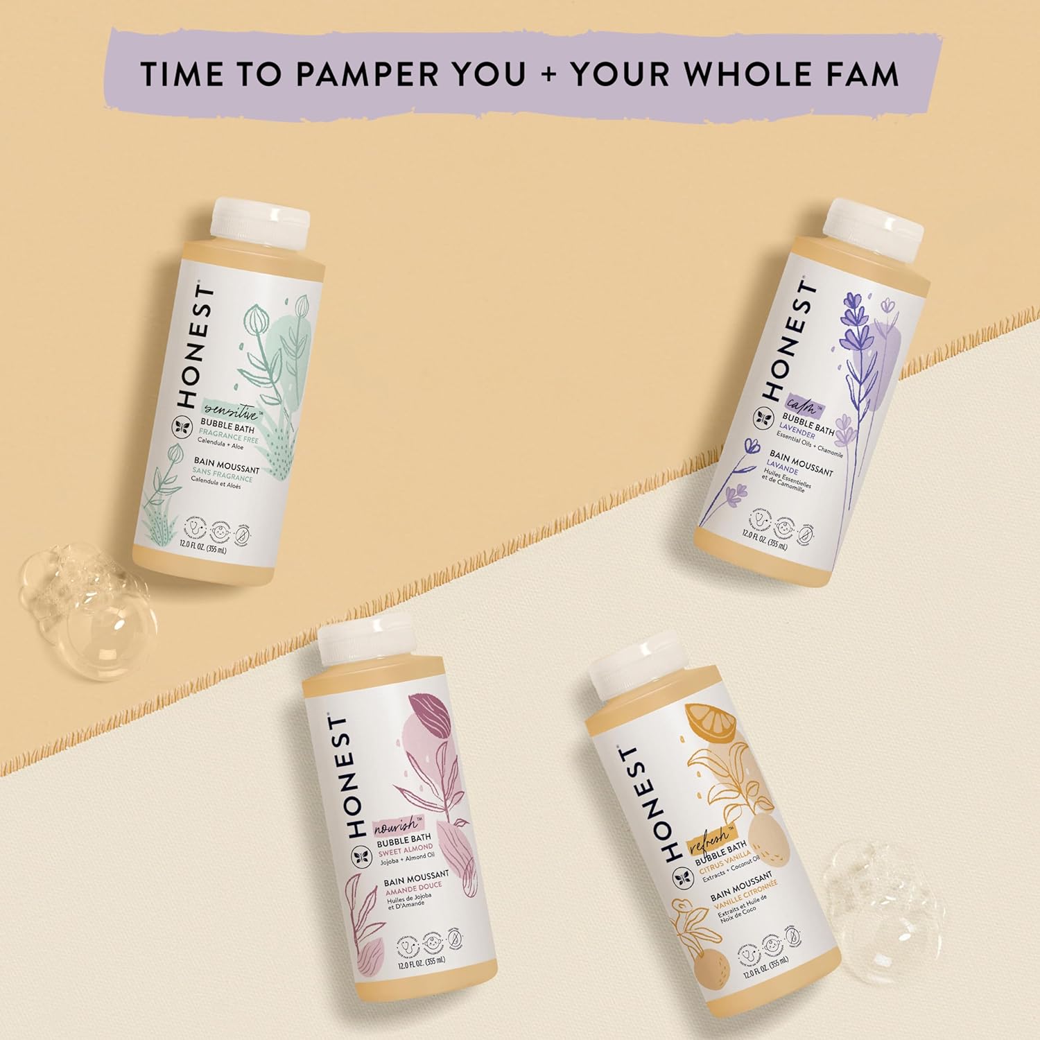 Showcases the range of bubble bath products suitable for different family members or preferences, encouraging purchase for the whole family.
