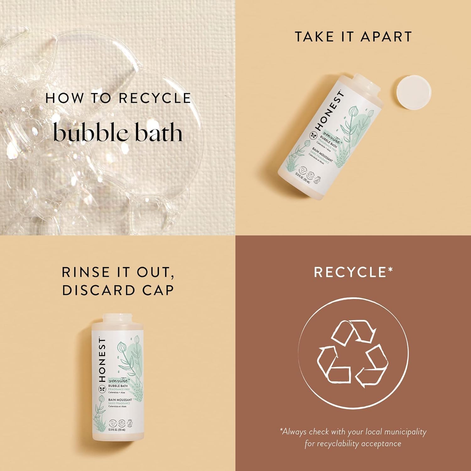 Guides customers on how to properly recycle the bubble bath product packaging, promoting environmental responsibility.