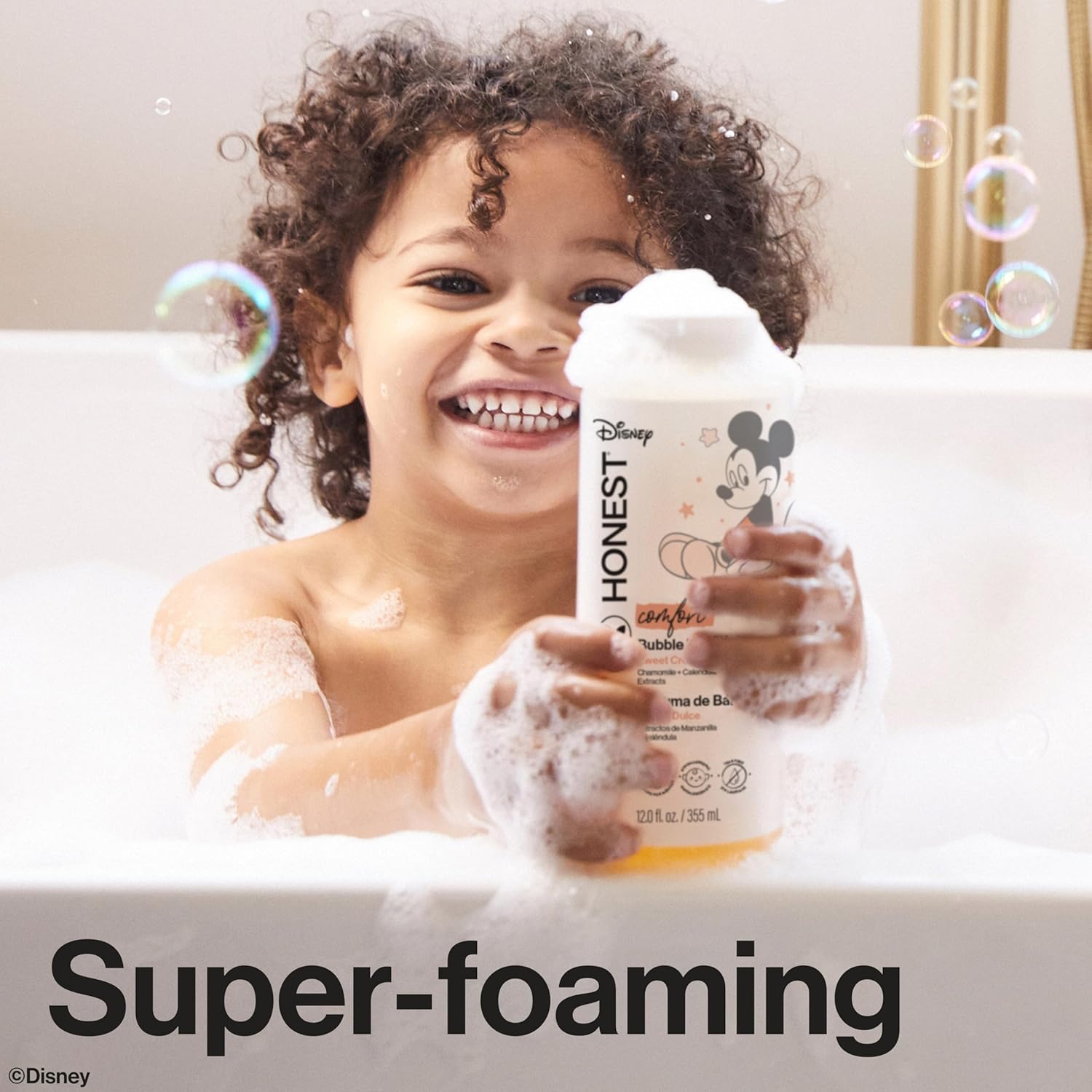 Highlights the product's ability to create lots of foam, making bath time fun and engaging for children.