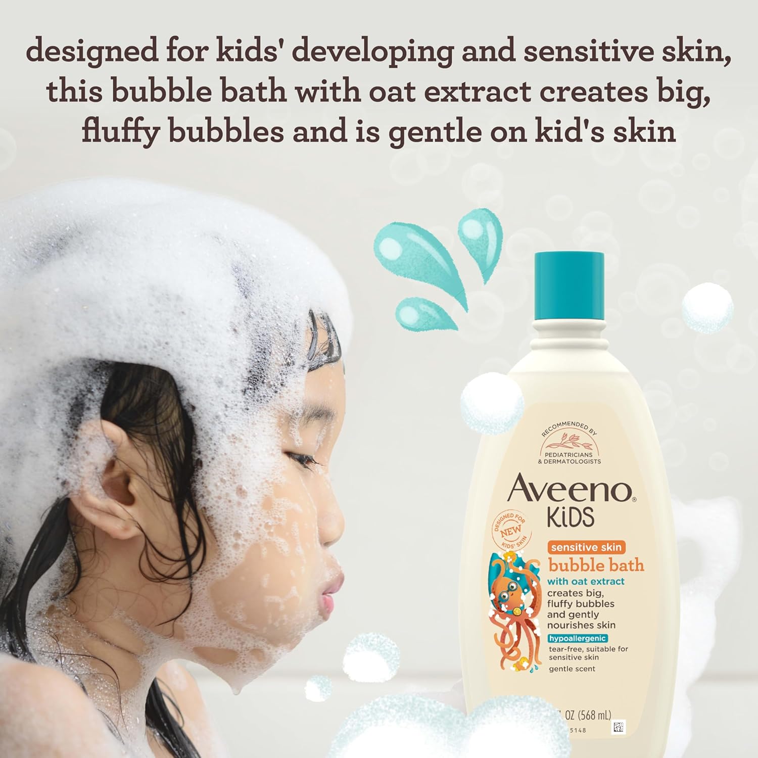 Highlights that the bubble bath is specifically designed for kids with sensitive skin, creating big fluffy bubbles while being gentle.