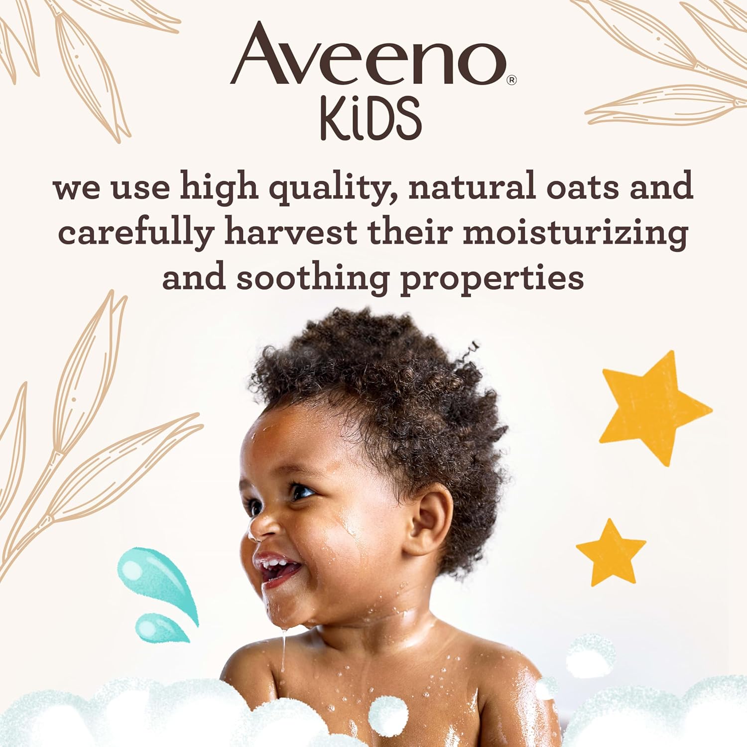 Highlights the use of high-quality, natural oats in Aveeno Kids products to provide moisturizing and soothing benefits for children's skin.