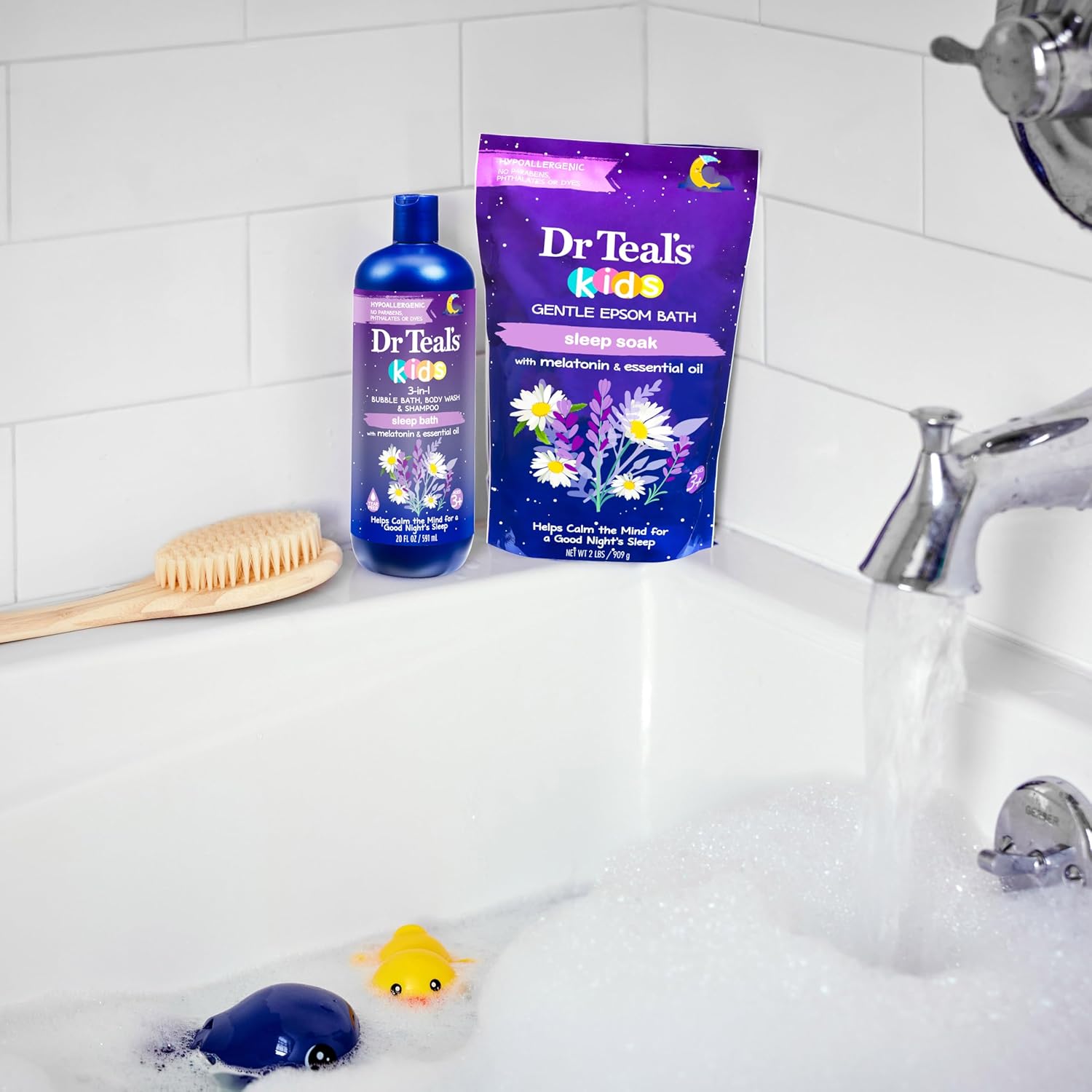 Demonstrates how the Dr Teal's Kids products can be used together as part of a calming bedtime routine, showcasing their effectiveness for bath time and sleep preparation.
