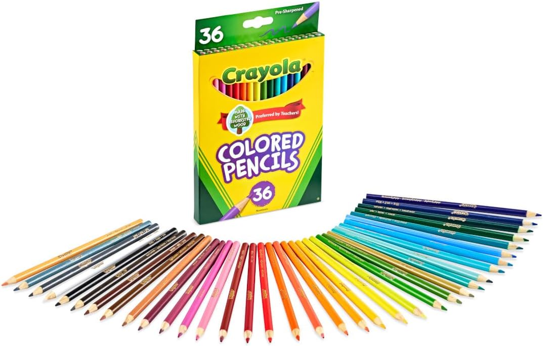 Shows the complete set of 36 colored pencils included in the package, demonstrating the variety of colors available to the customer.