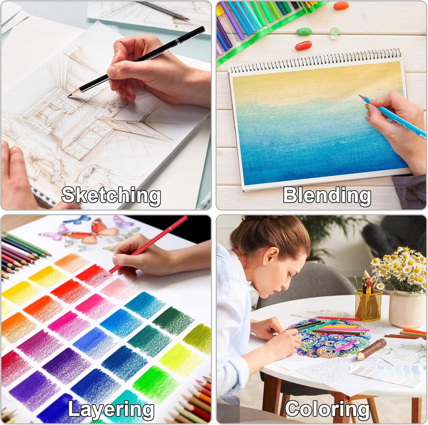 Demonstrates the versatility of the product by showcasing different art techniques it can be used for.