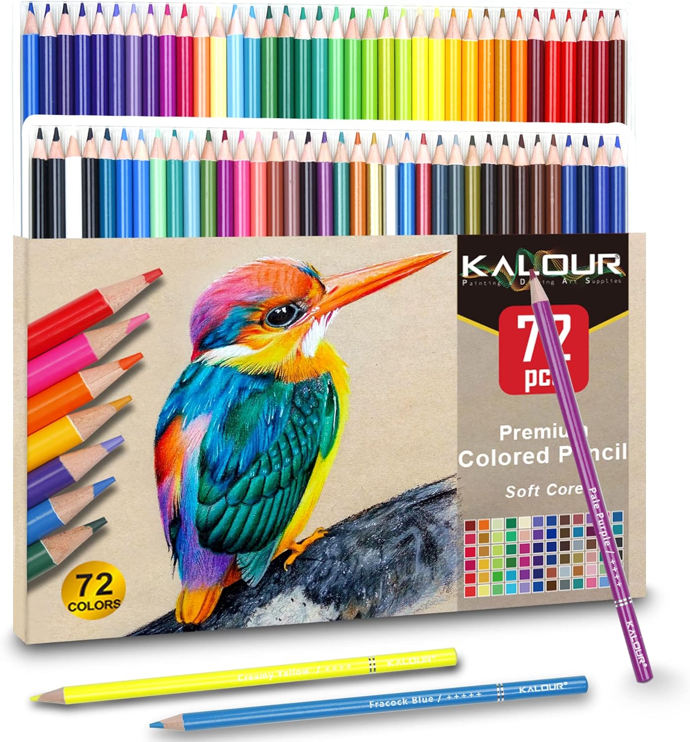 Showcases the full range of colored pencils included in the set, emphasizing the variety and quantity of colors available to the artist.