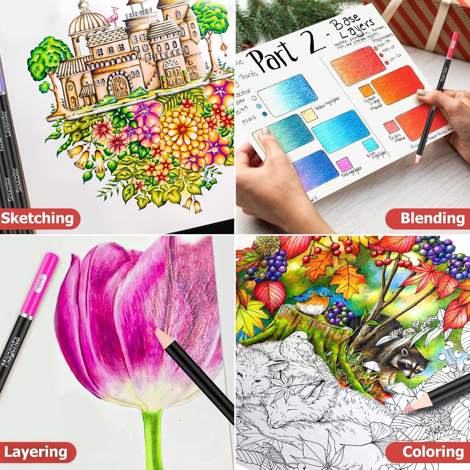 Demonstrates different coloring techniques and applications for colored pencils, including sketching, blending, layering, and coloring.