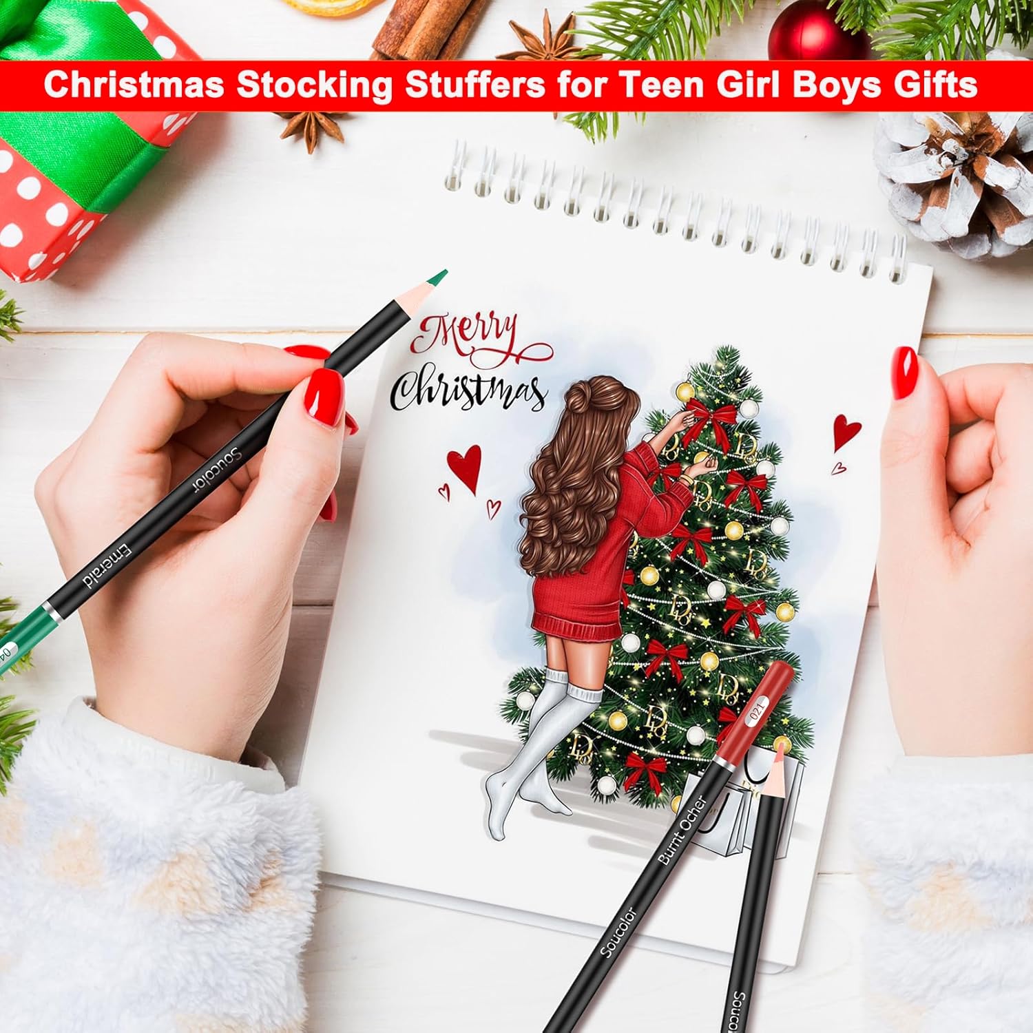 Promotes Christmas-themed stocking stuffer gift ideas for teens, showcasing a festive illustration and art supplies. Demonstrates the use of art supplies as suitable Christmas gifts for teenage…