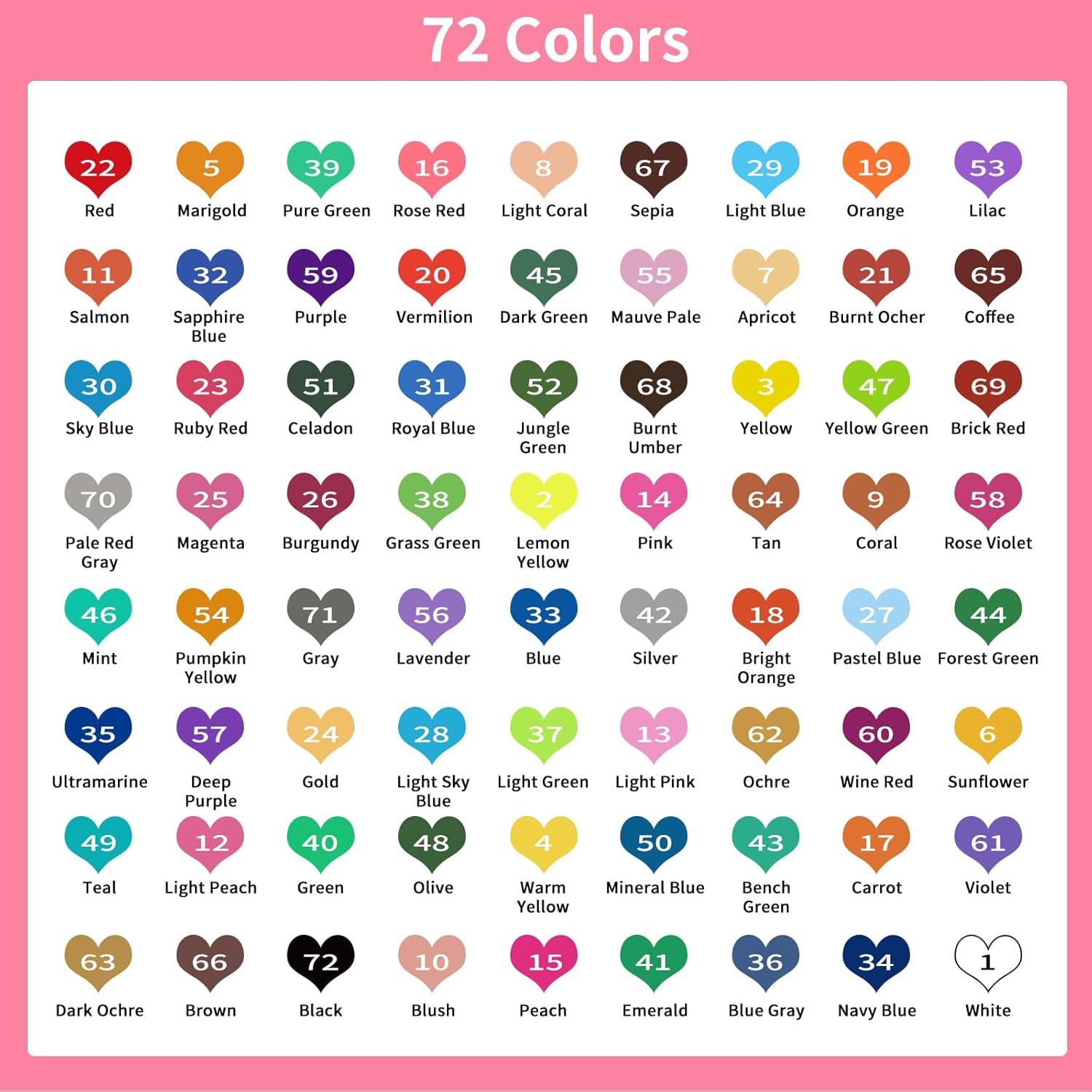 Showcases the wide range of 72 different colors available for the product, helping customers understand the extensive color options they can choose from.