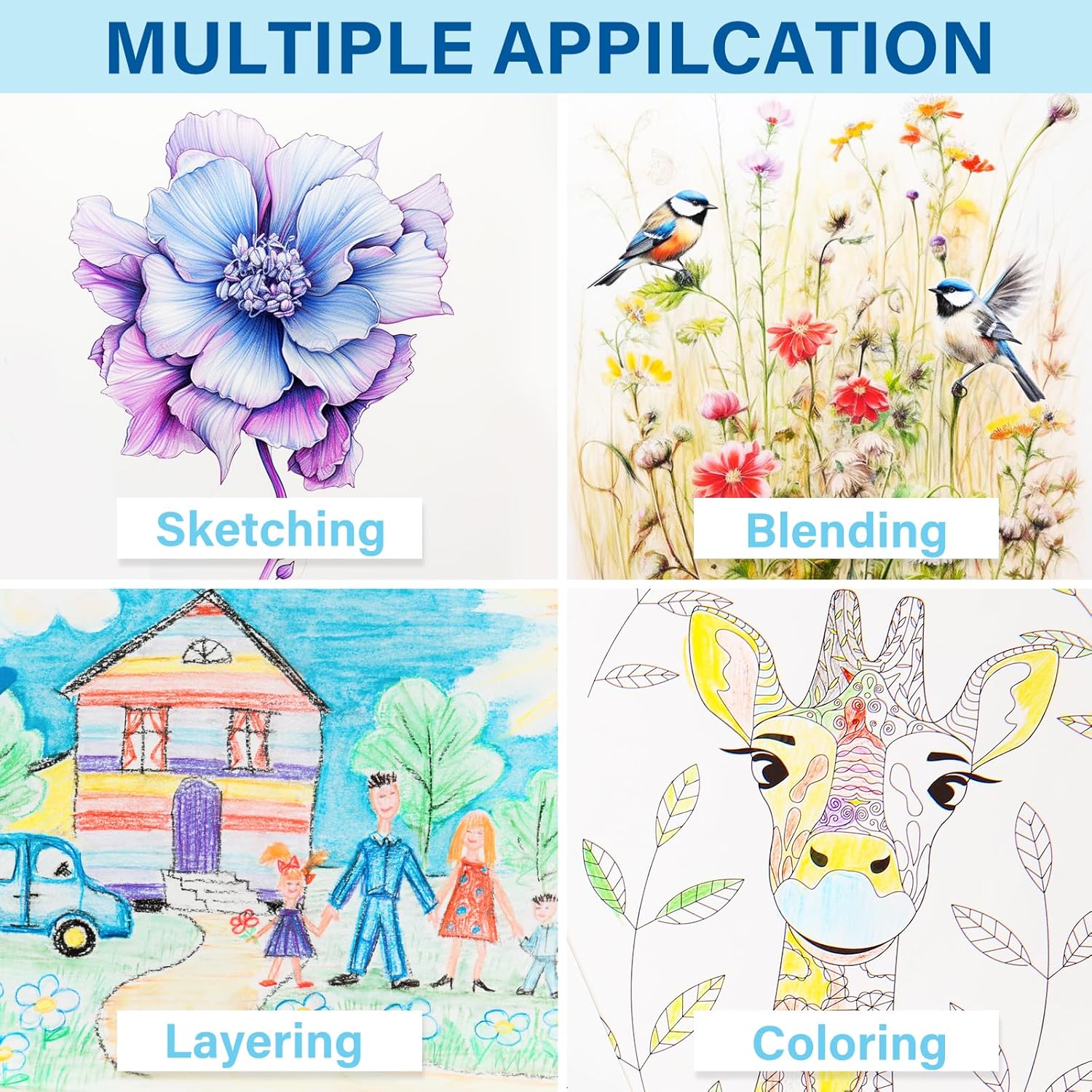 Demonstrates the versatility of the product by showcasing different artistic applications like sketching, blending, layering, and coloring.