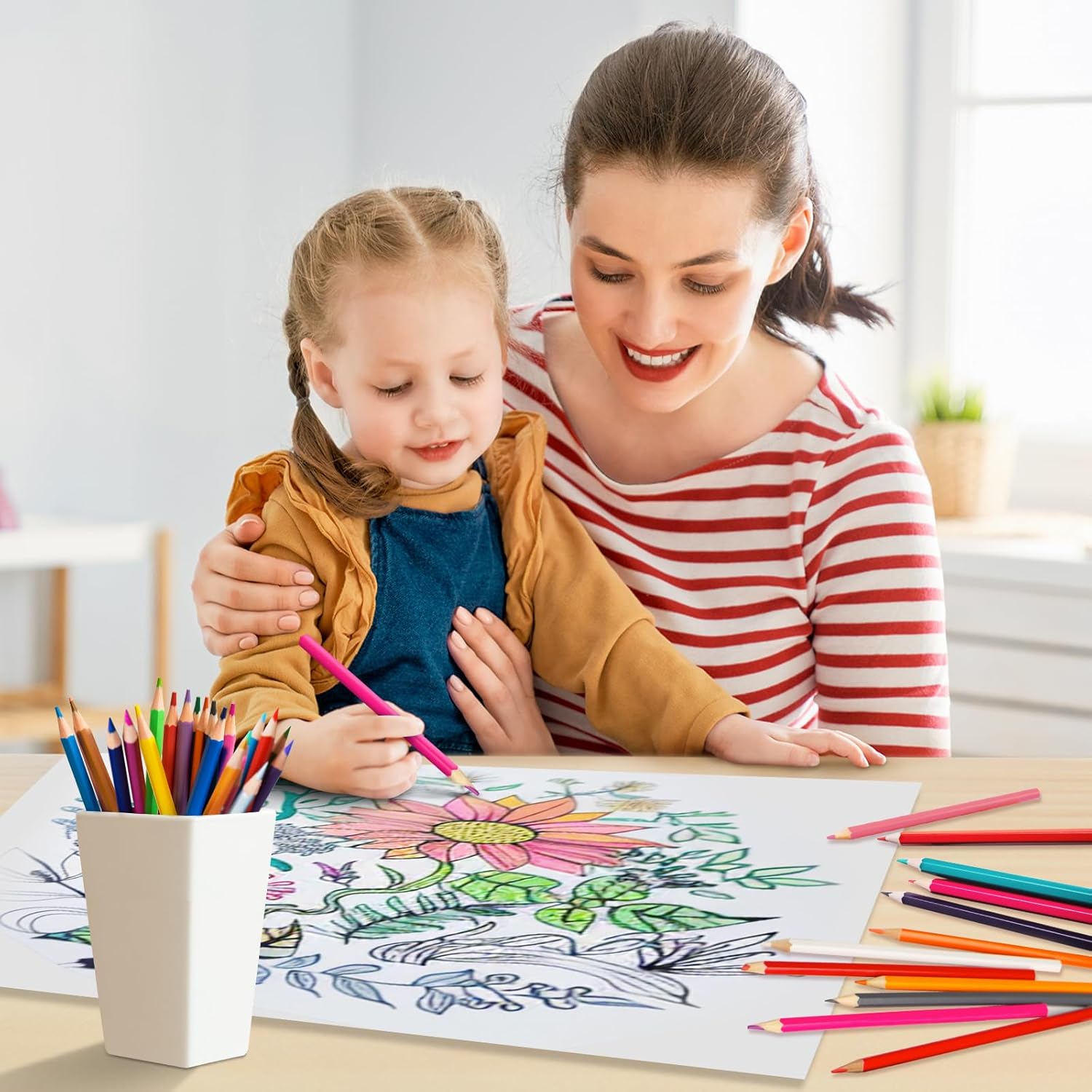 Shows the product being used in a real-life setting to demonstrate how it facilitates quality time and creativity between parent and child.
