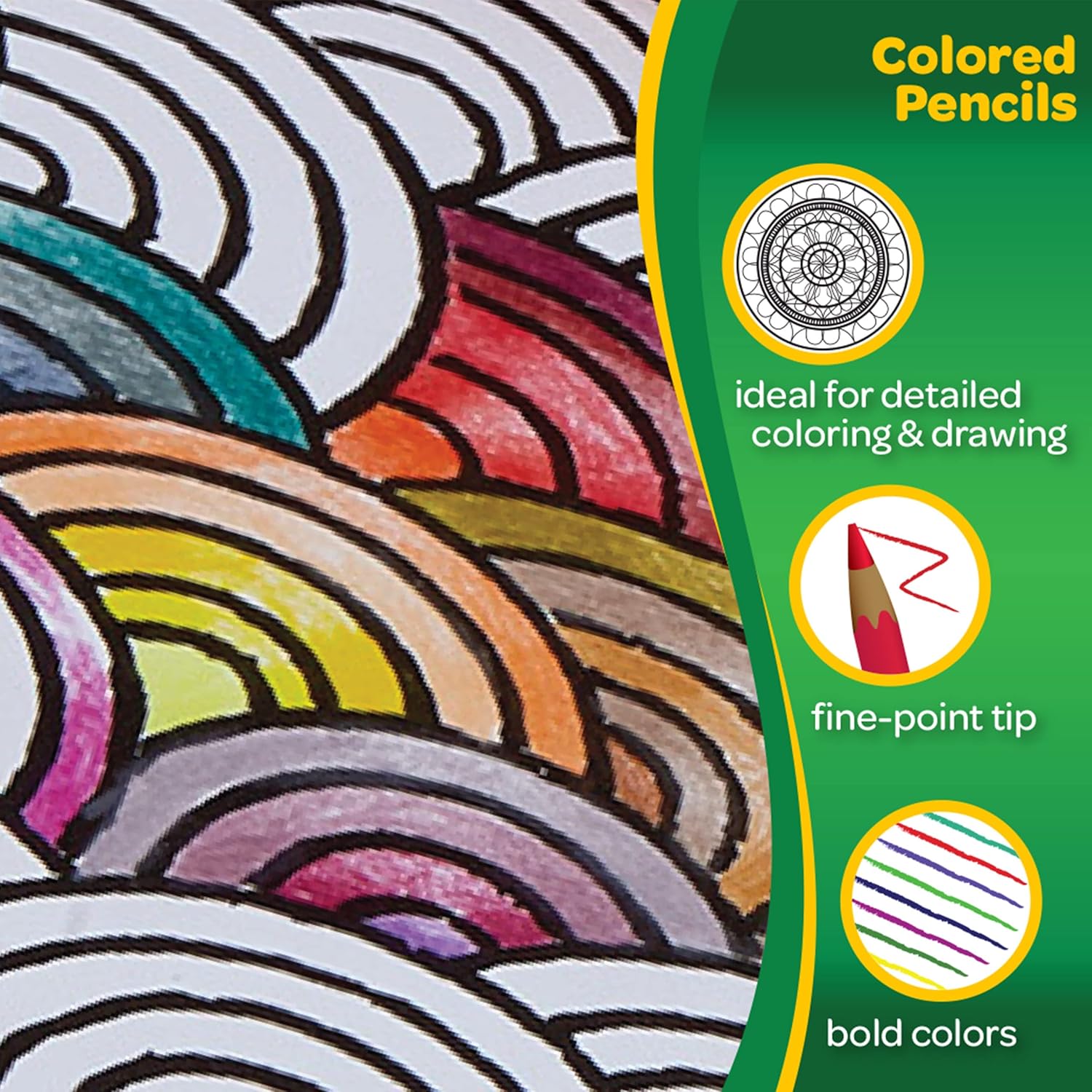 Highlights multiple key features of the colored pencils to showcase their versatility and quality for detailed artwork.