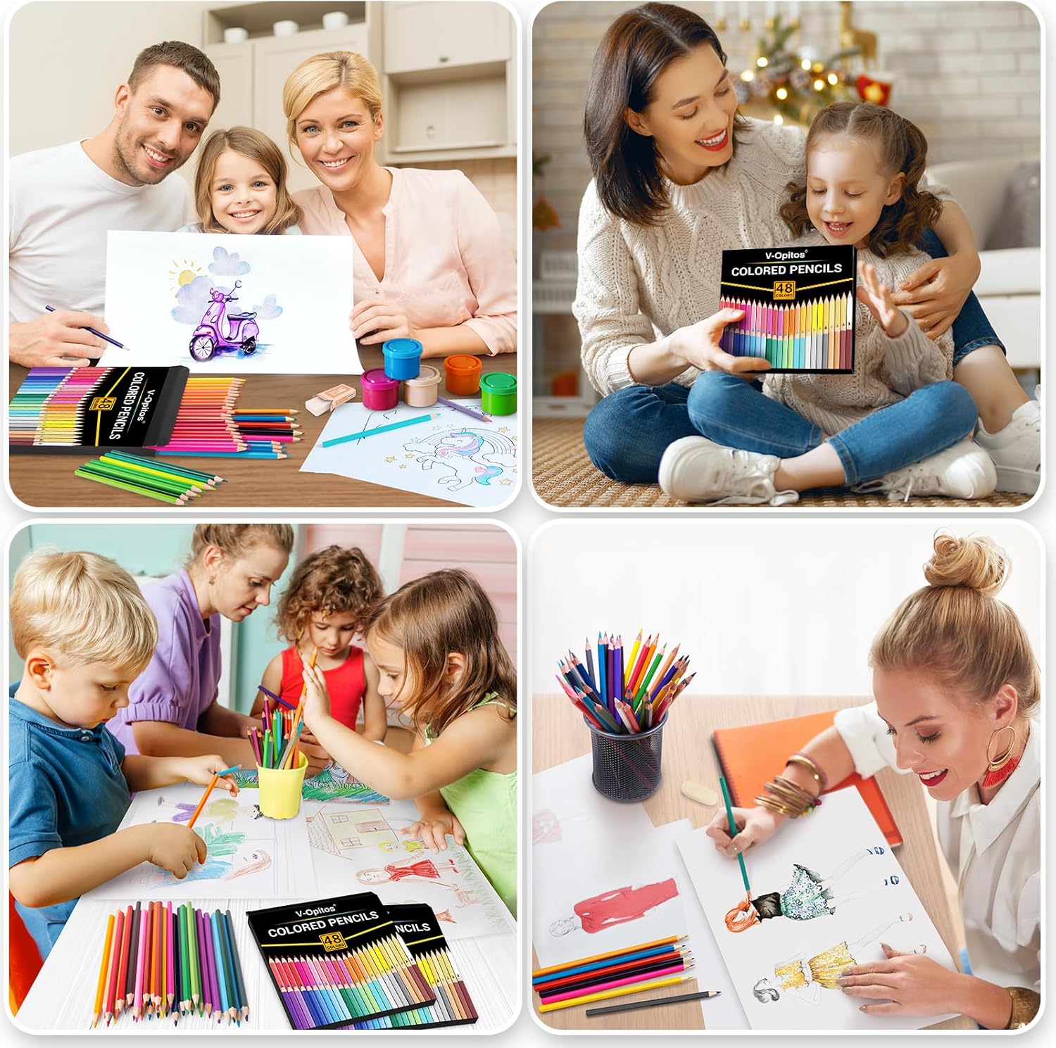 Demonstrates various scenarios where the colored pencils can be used, from family bonding to professional illustration, appealing to a wide range of users.