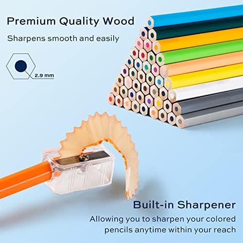Highlights the high-quality wood used in the colored pencils and the convenience of the built-in sharpener, emphasizing ease of use and product quality.