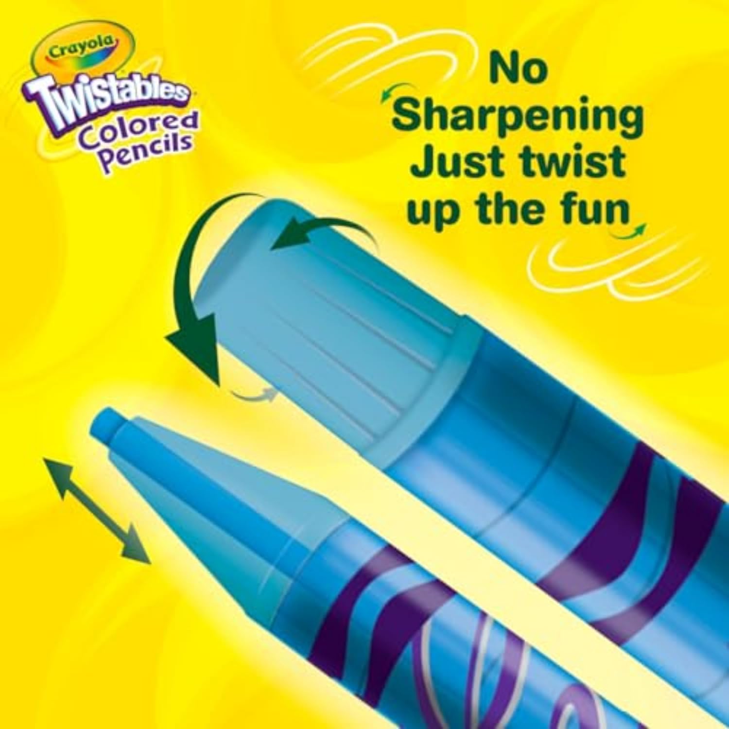 Highlights the unique feature of Twistables colored pencils that don't need sharpening, emphasizing convenience and ease of use for children.