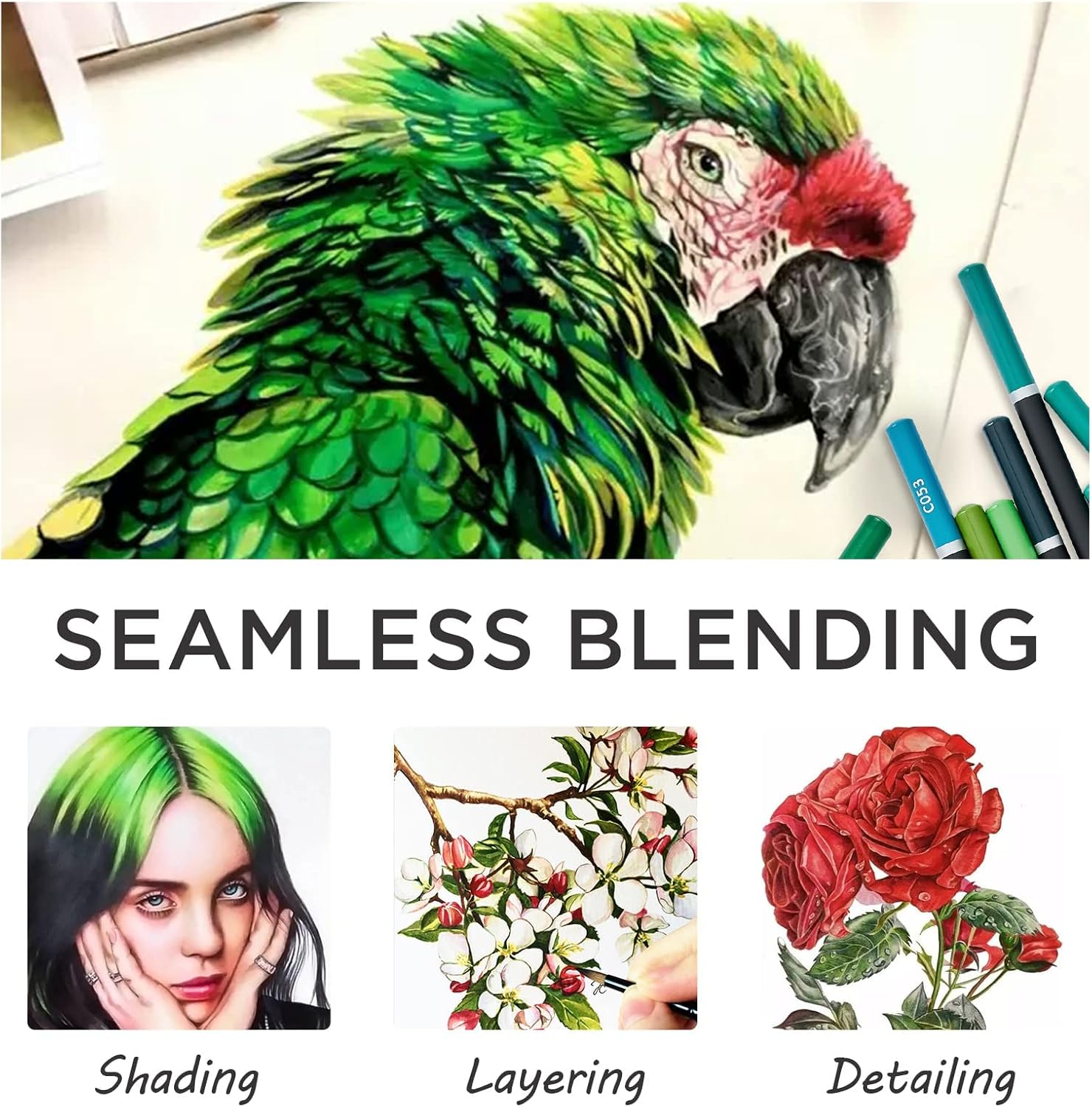 Demonstrates the product's ability to create seamless color blending in artwork, highlighting its effectiveness for shading, layering, and detailing.